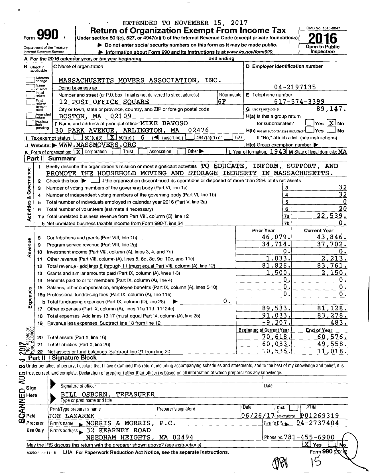 Image of first page of 2016 Form 990O for MASSACHUSETTS MOVERS ASSOCiaTION