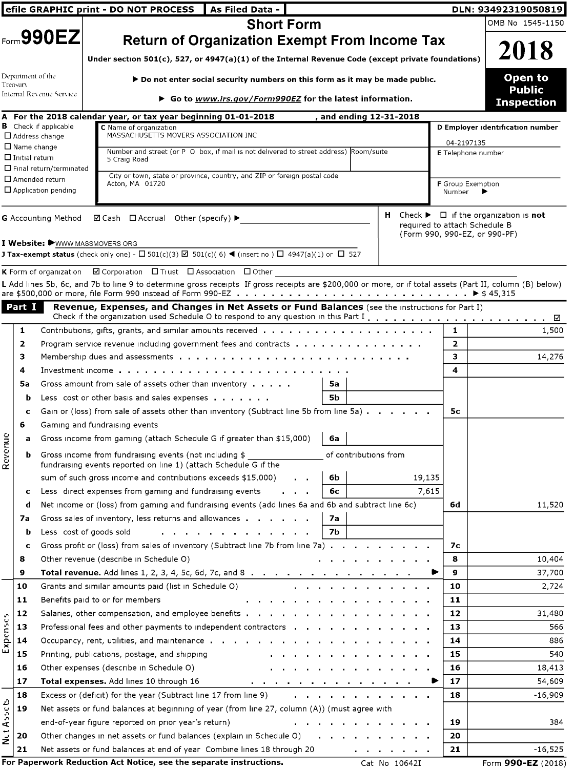 Image of first page of 2018 Form 990EO for MASSACHUSETTS MOVERS ASSOCiaTION