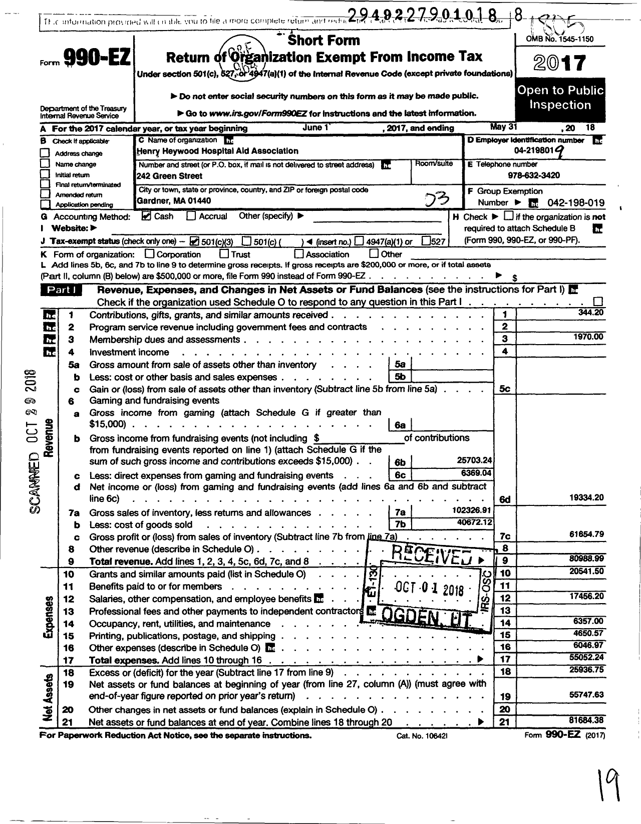 Image of first page of 2017 Form 990EZ for Henry Heywood Hospital Aid Association