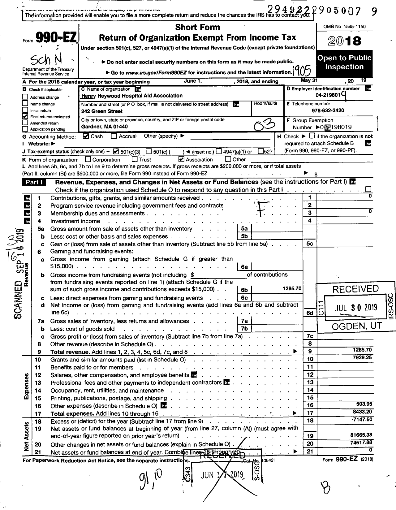 Image of first page of 2018 Form 990EZ for Henry Heywood Hospital Aid Association