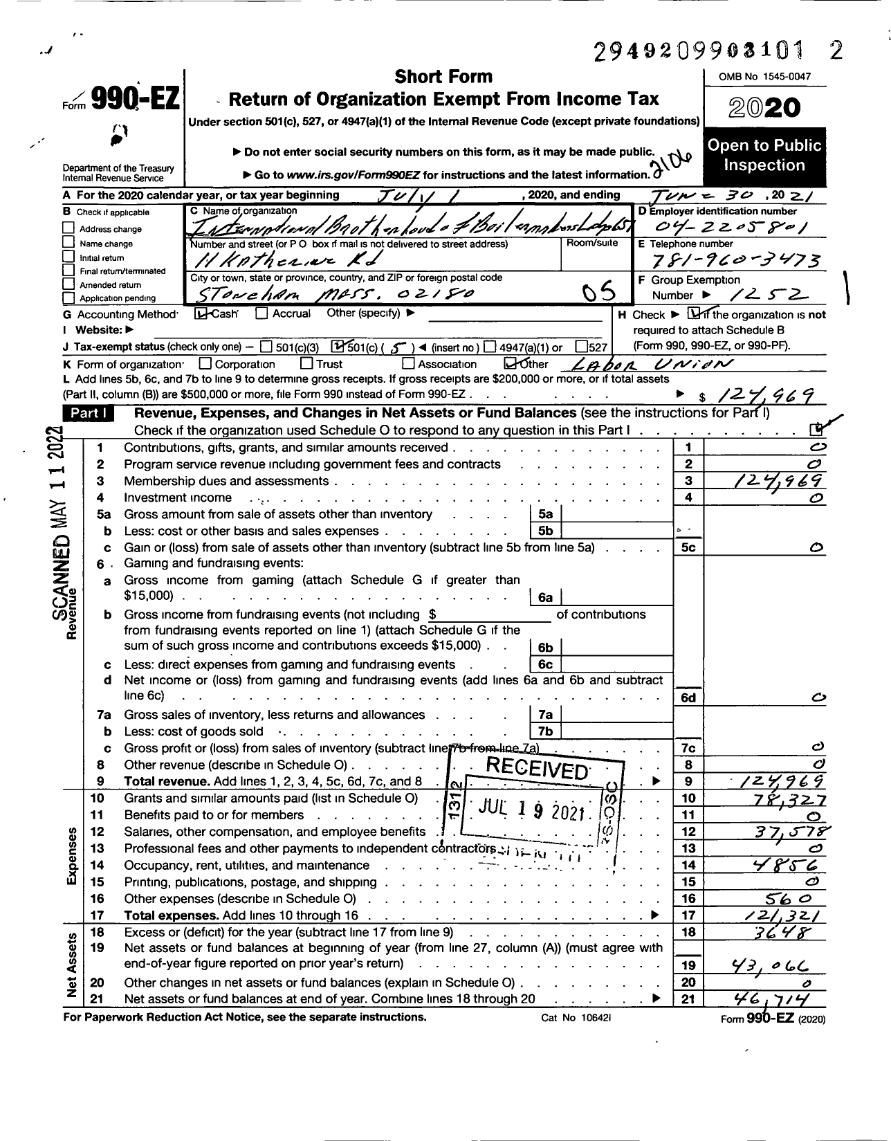 Image of first page of 2020 Form 990EO for International Brotherhood of Boilermakers - 651 Lodge