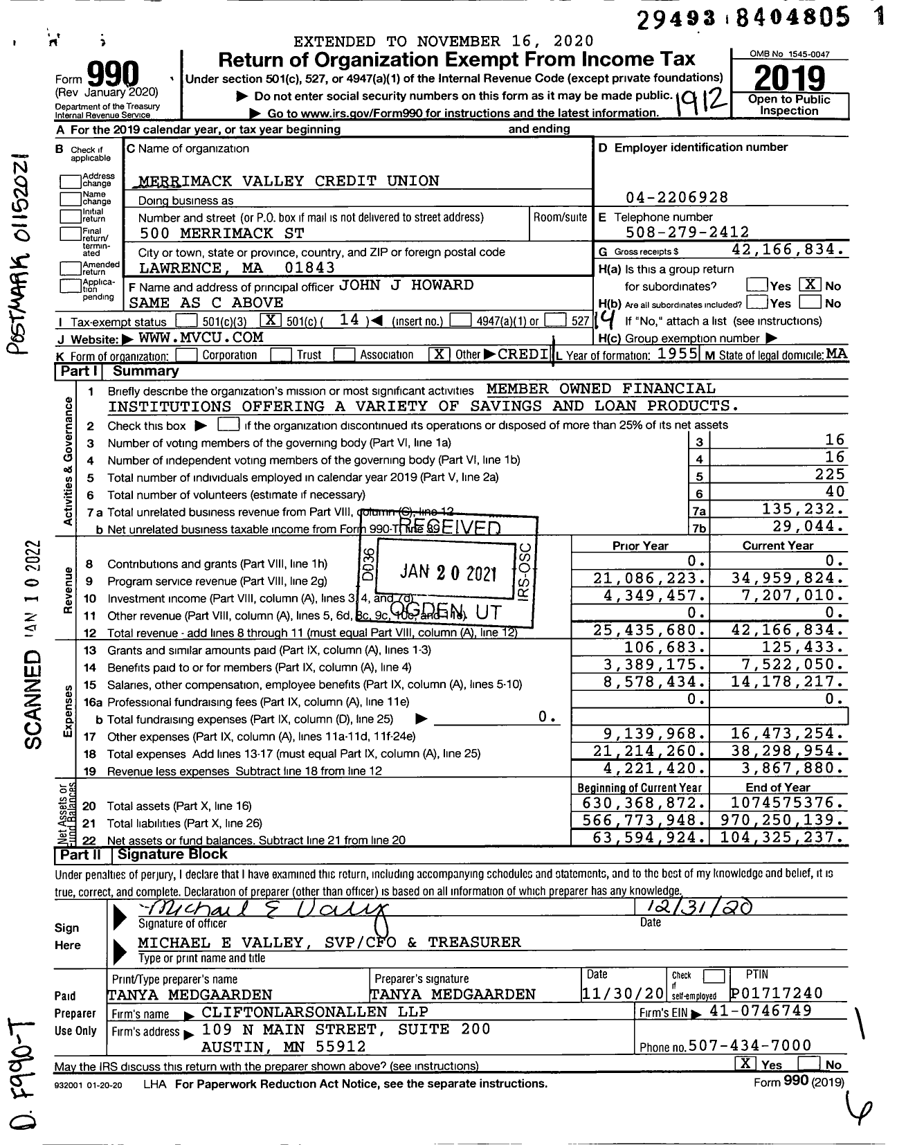 Image of first page of 2019 Form 990O for Merrimack Valley Credit Union