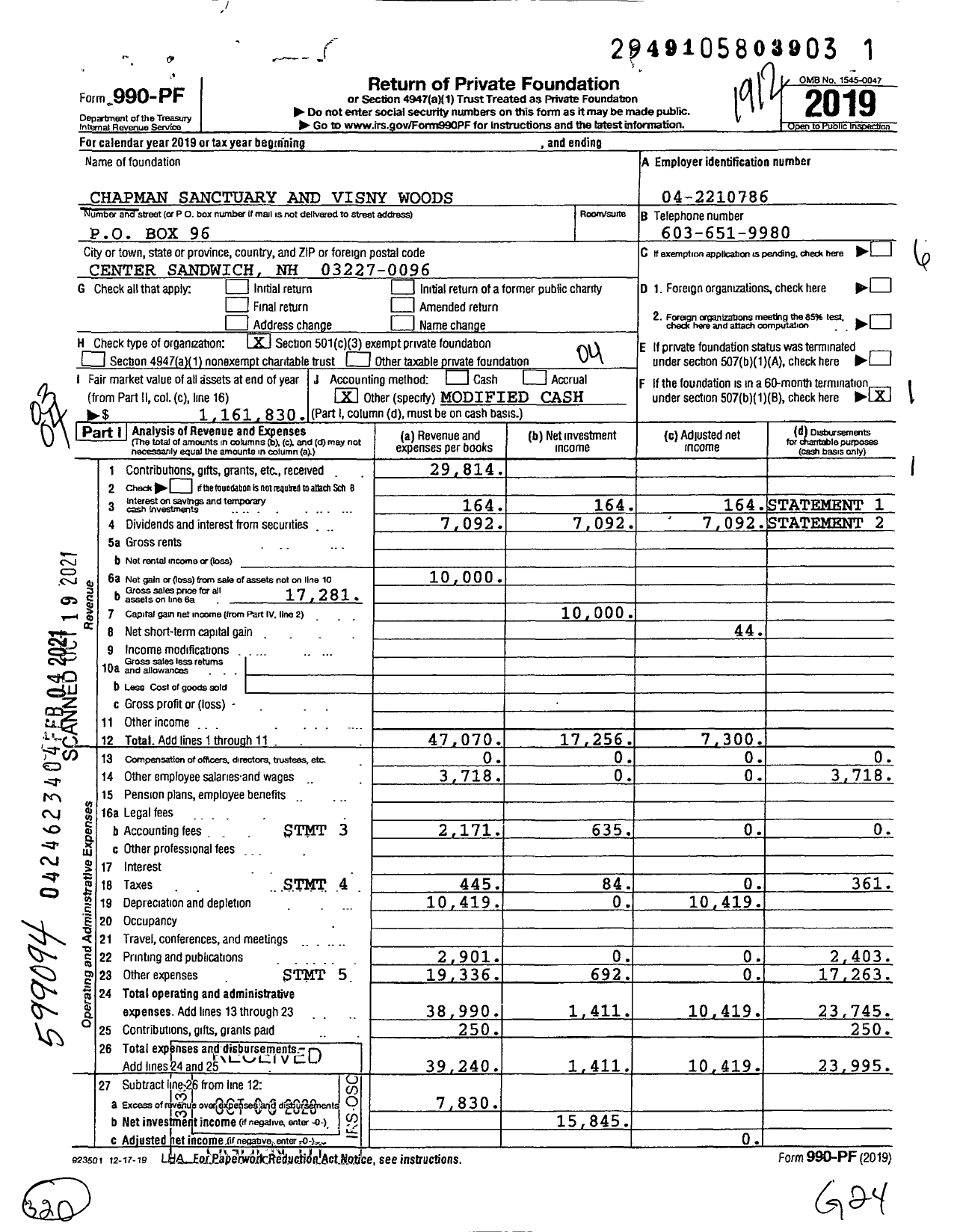 Image of first page of 2019 Form 990PF for Chapman Sanctuary and Visny Woods