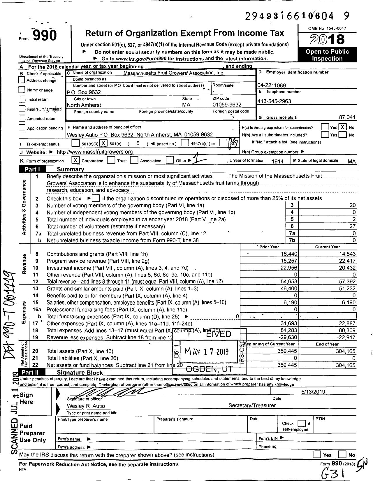 Image of first page of 2018 Form 990O for Massachusetts Fruit Growers Association