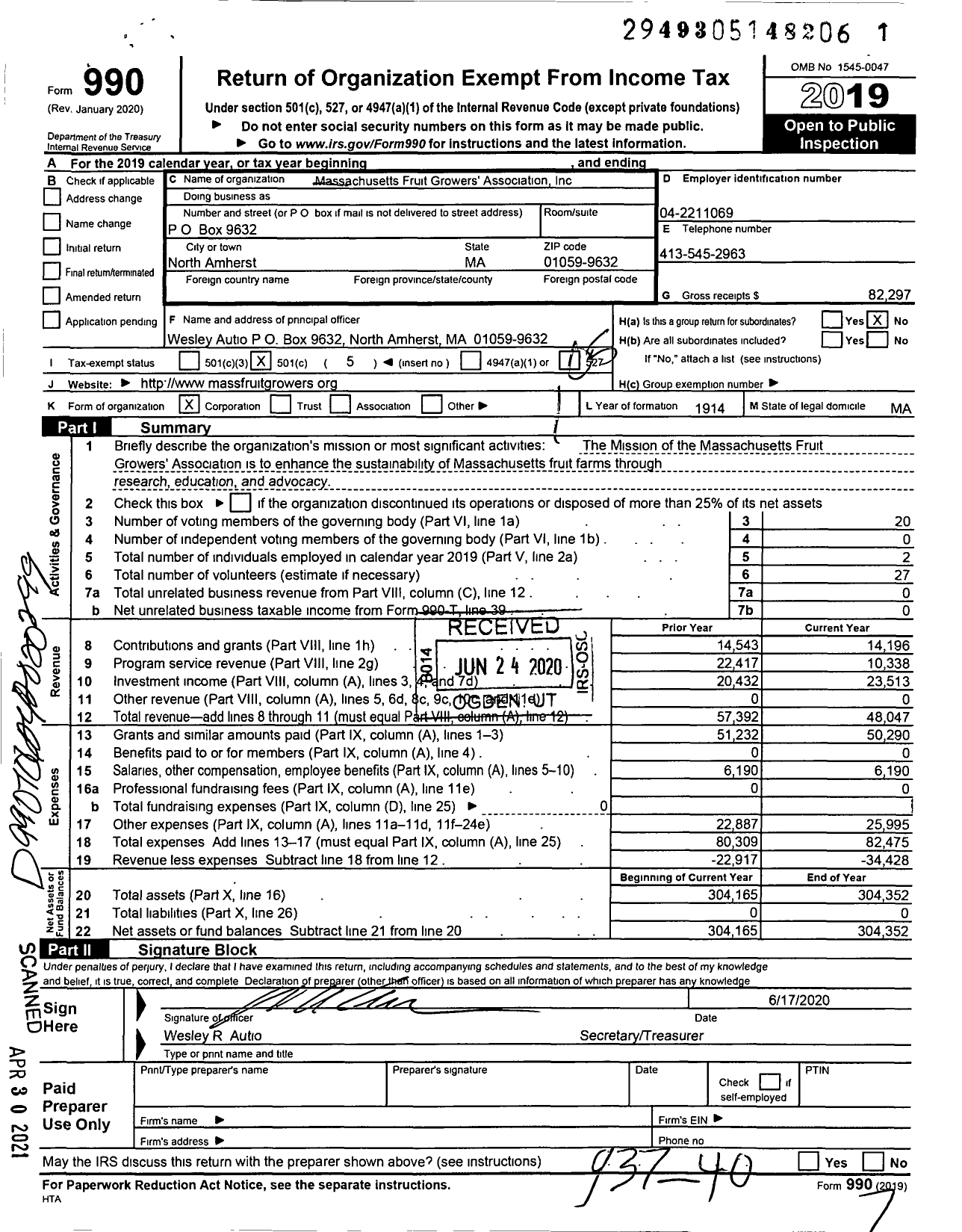 Image of first page of 2019 Form 990O for Massachusetts Fruit Growers Association