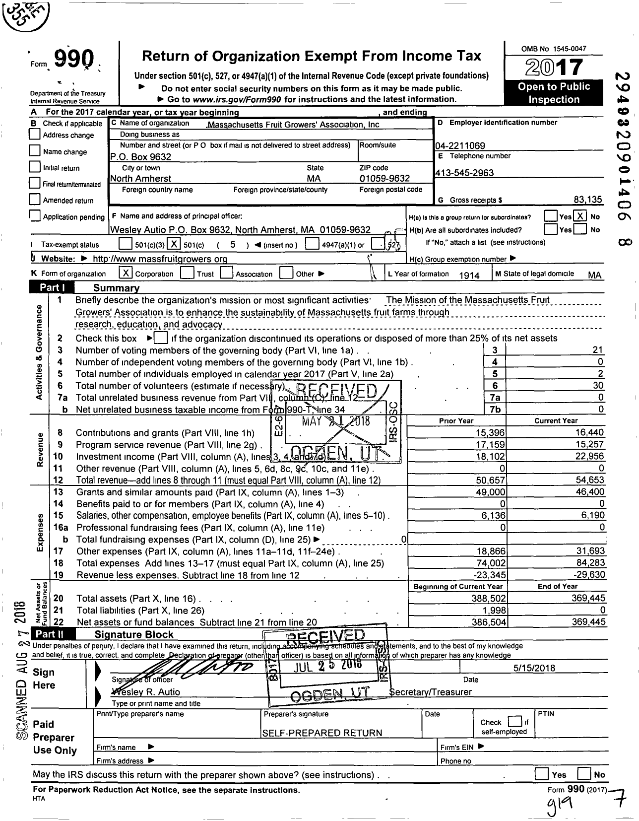 Image of first page of 2017 Form 990O for Massachusetts Fruit Growers Association