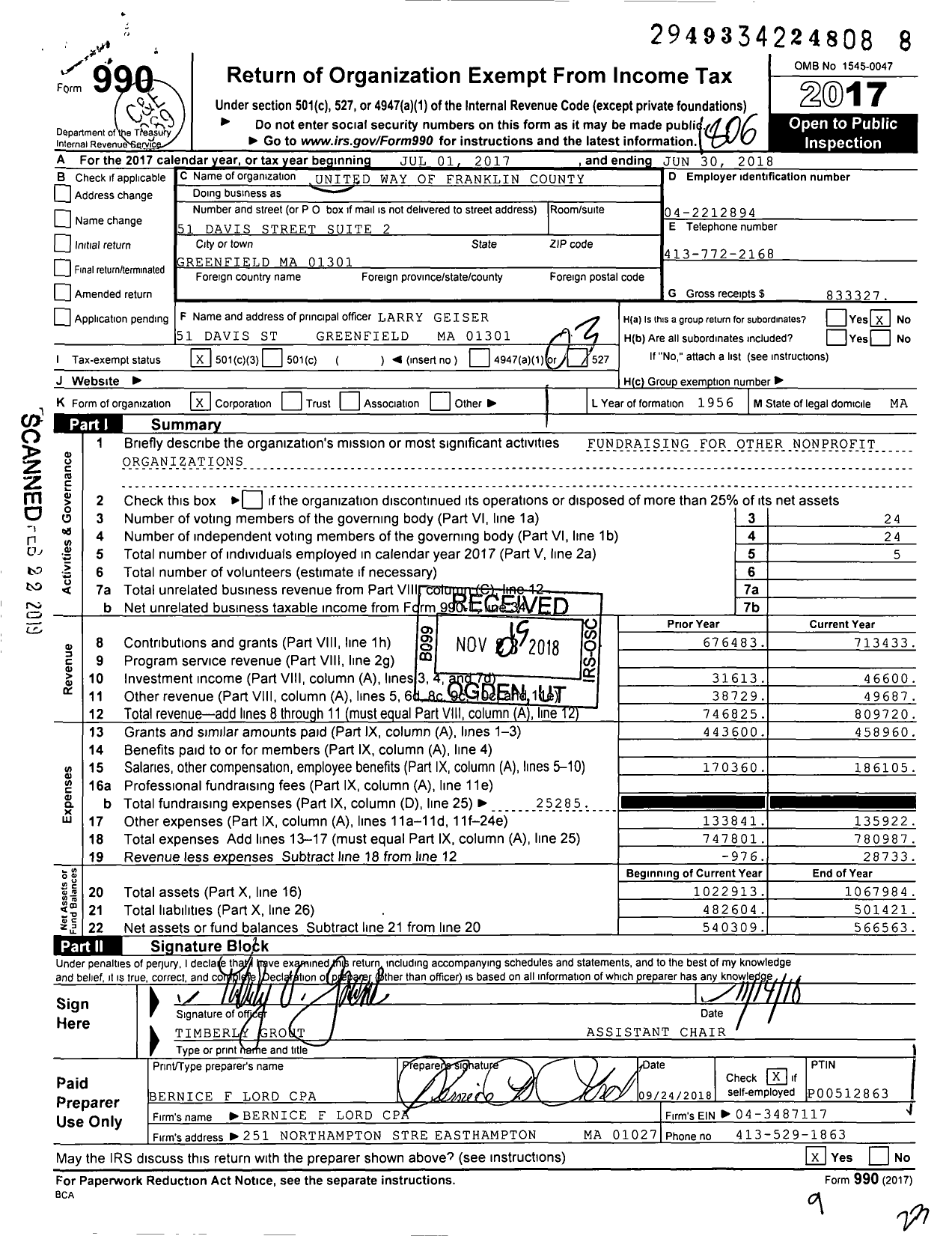 Image of first page of 2017 Form 990 for United Way of Franklin County