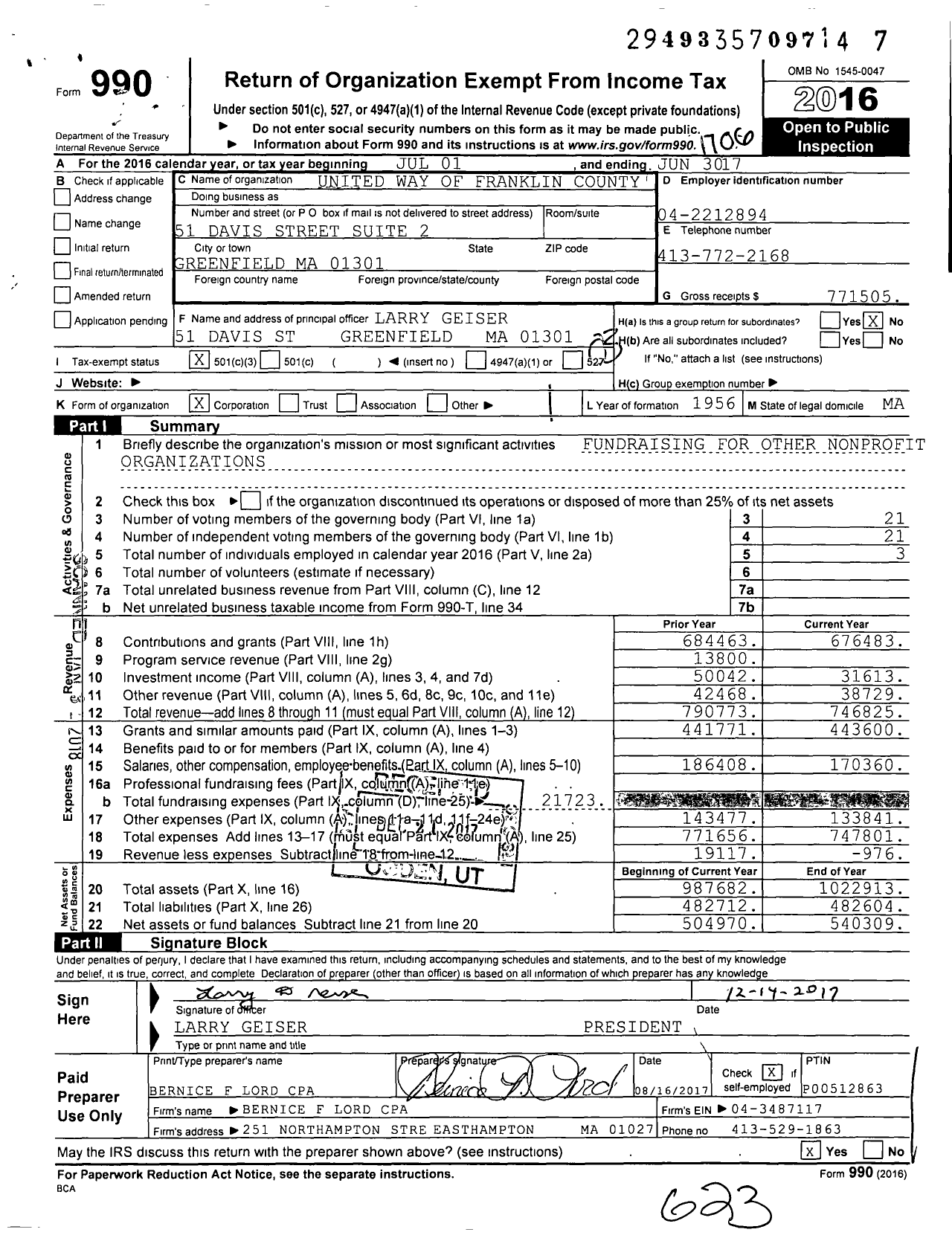 Image of first page of 2016 Form 990 for United Way of Franklin County