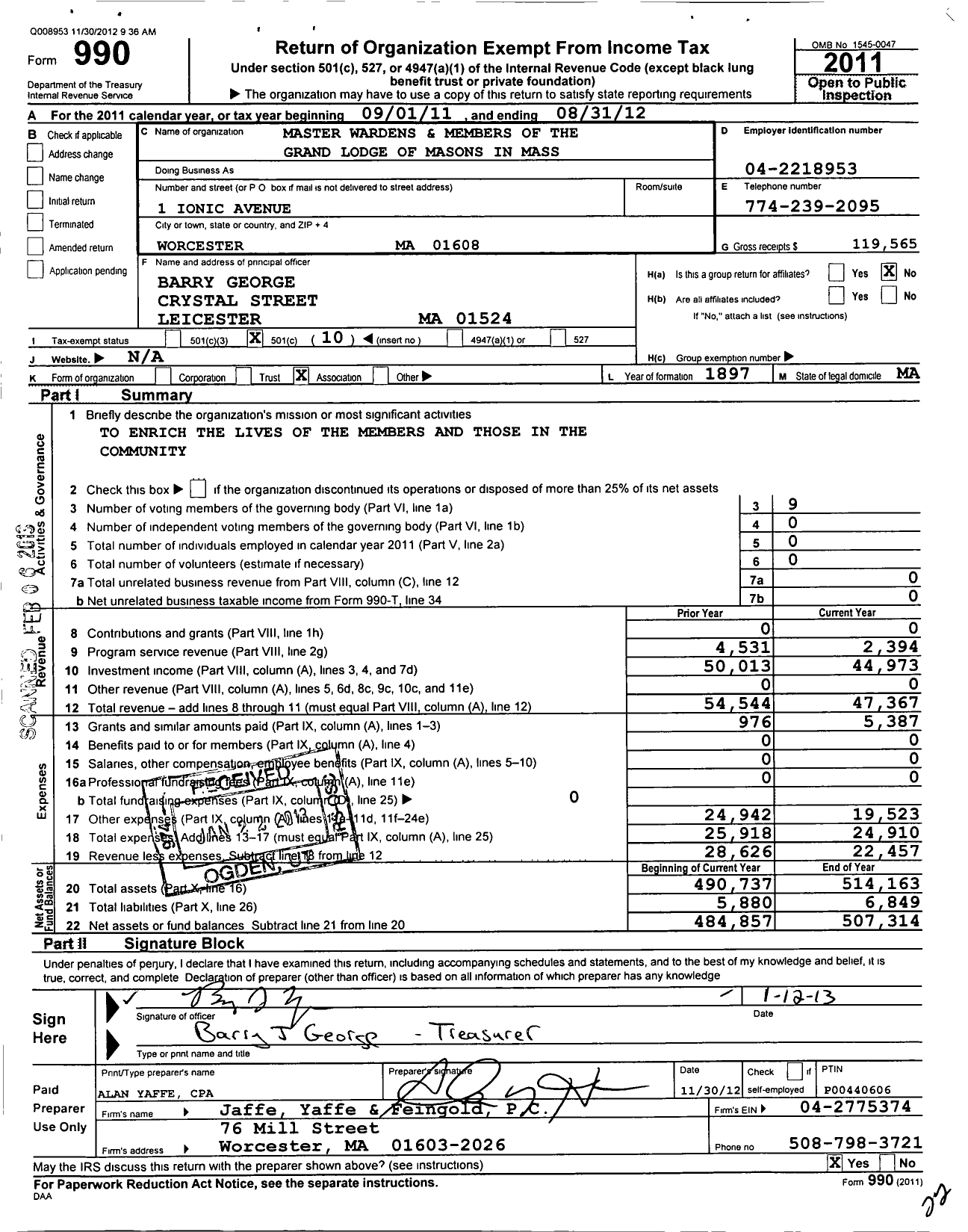 Image of first page of 2011 Form 990O for Massachusetts Freemasons - Quinsigamond Lodge