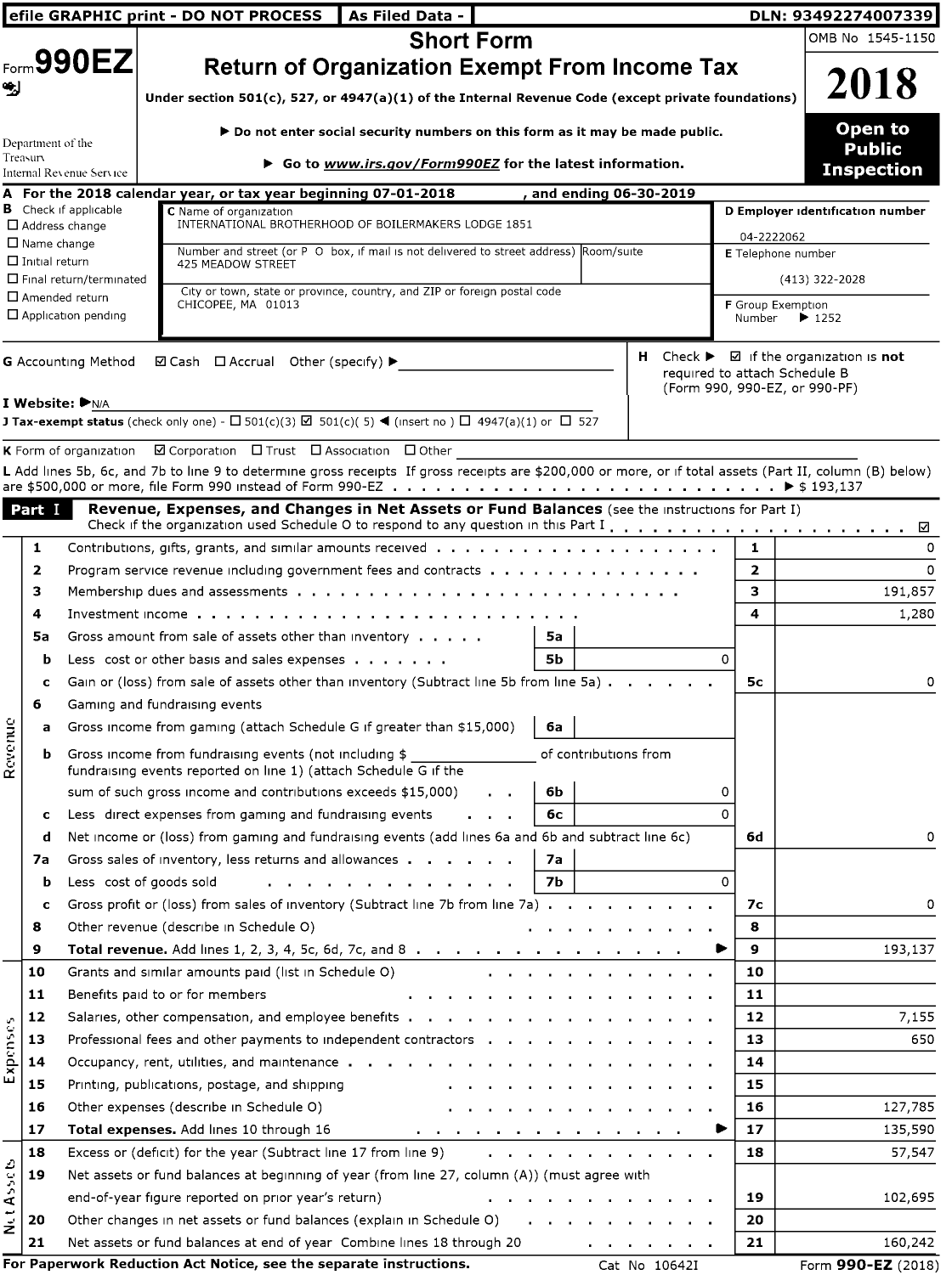 Image of first page of 2018 Form 990EO for International Brotherhood of Boilermakers - 1851 Lodge