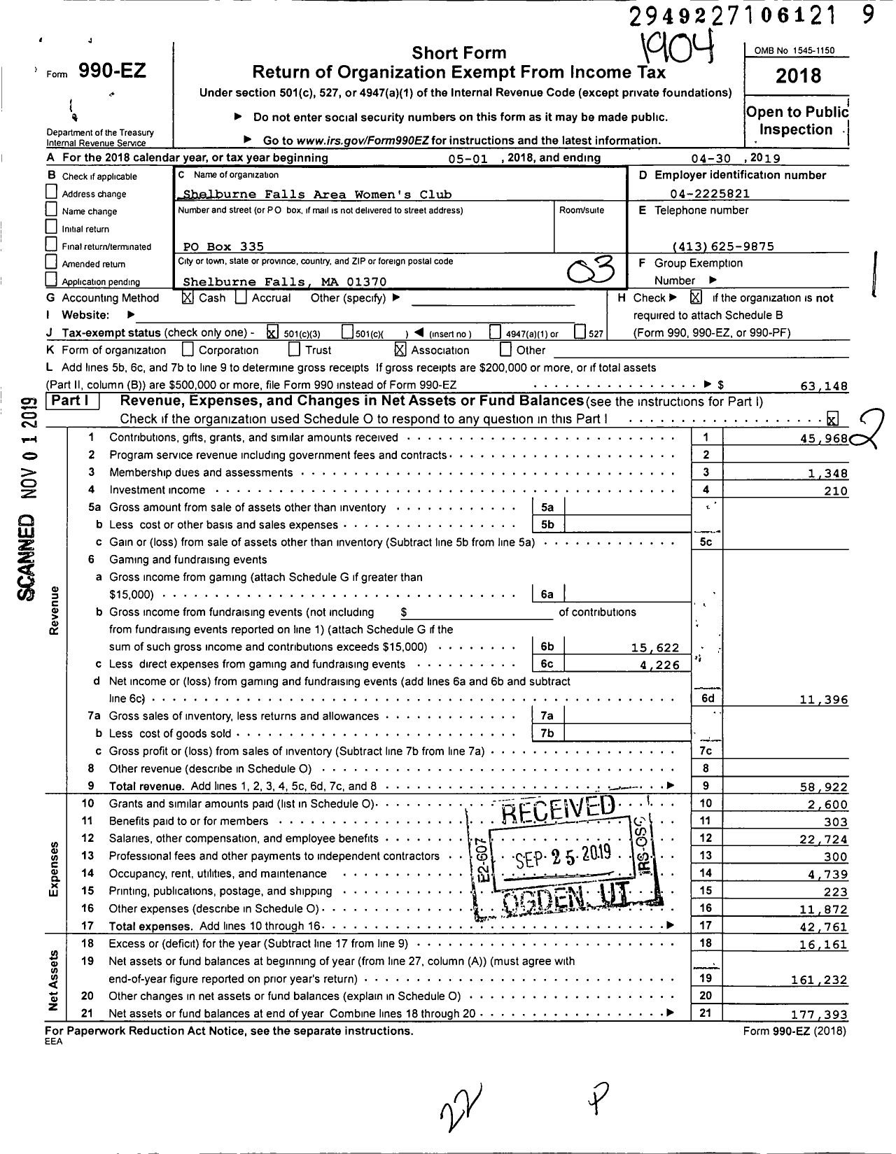 Image of first page of 2018 Form 990EZ for Shelburne Falls Area Womens Club