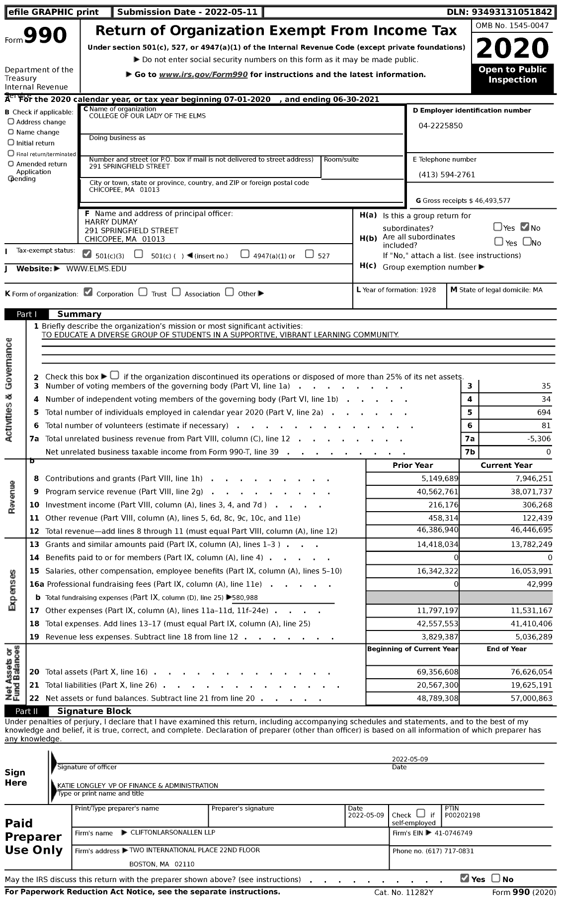 Image of first page of 2020 Form 990 for College of Our Lady of the Elms