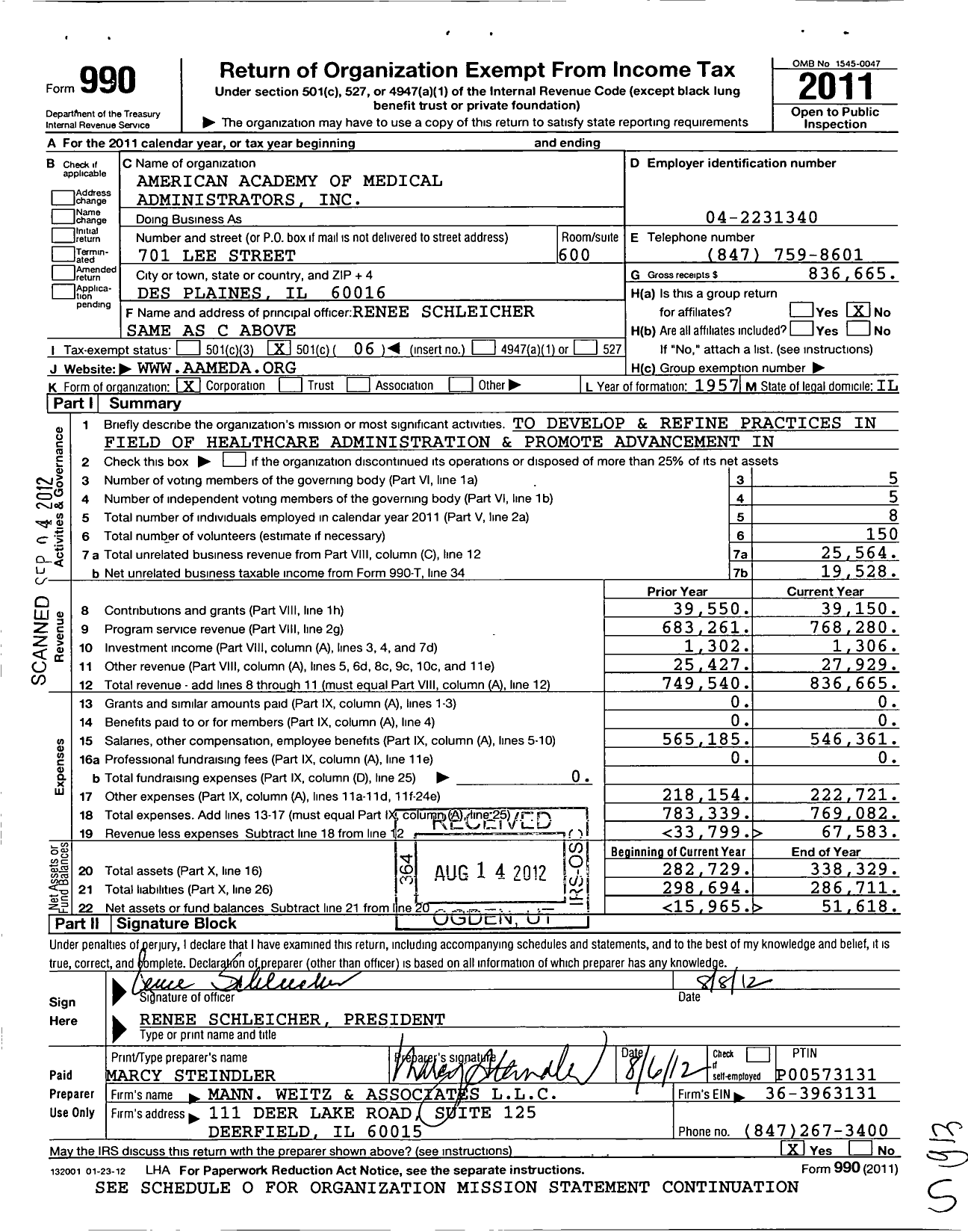 Image of first page of 2011 Form 990O for American Academy of Medical Administrators