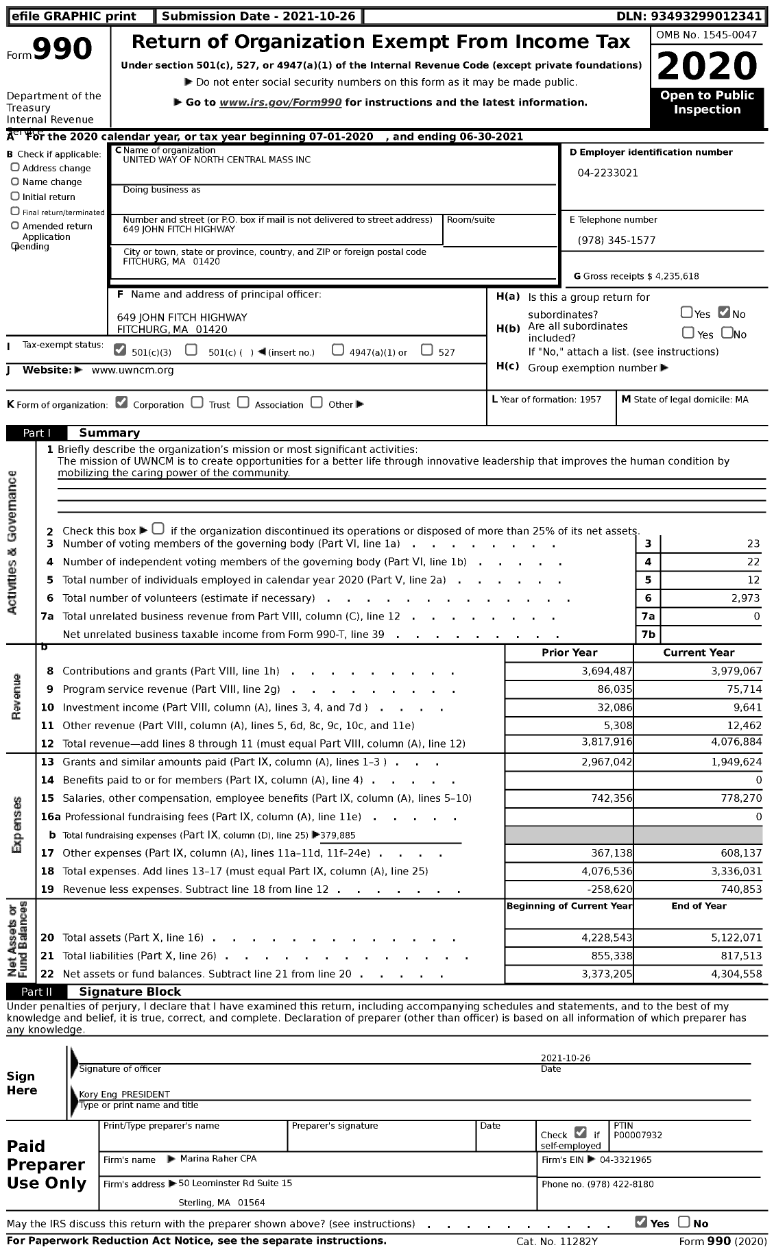 Image of first page of 2020 Form 990 for United Way of North Central Massachussets (UWNCM)