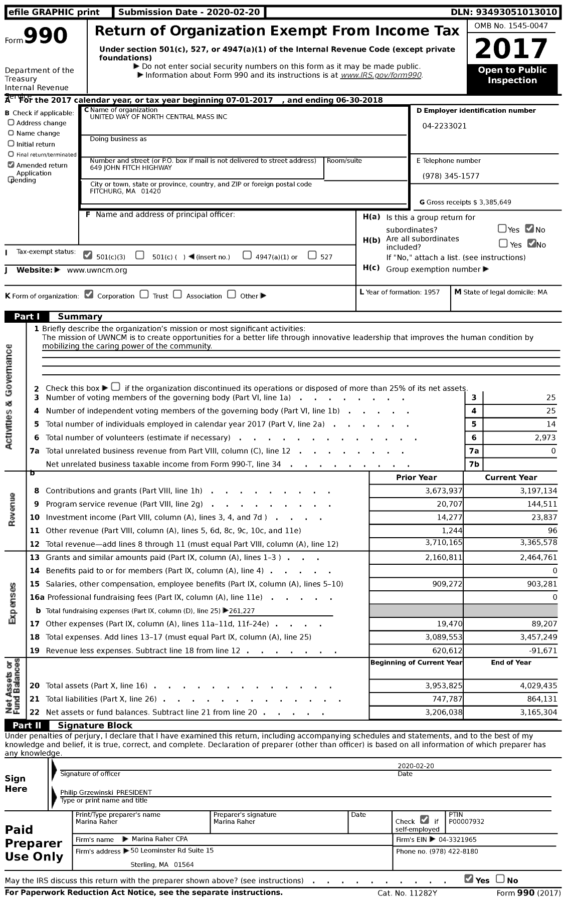 Image of first page of 2017 Form 990 for United Way of North Central Massachussets (UWNCM)