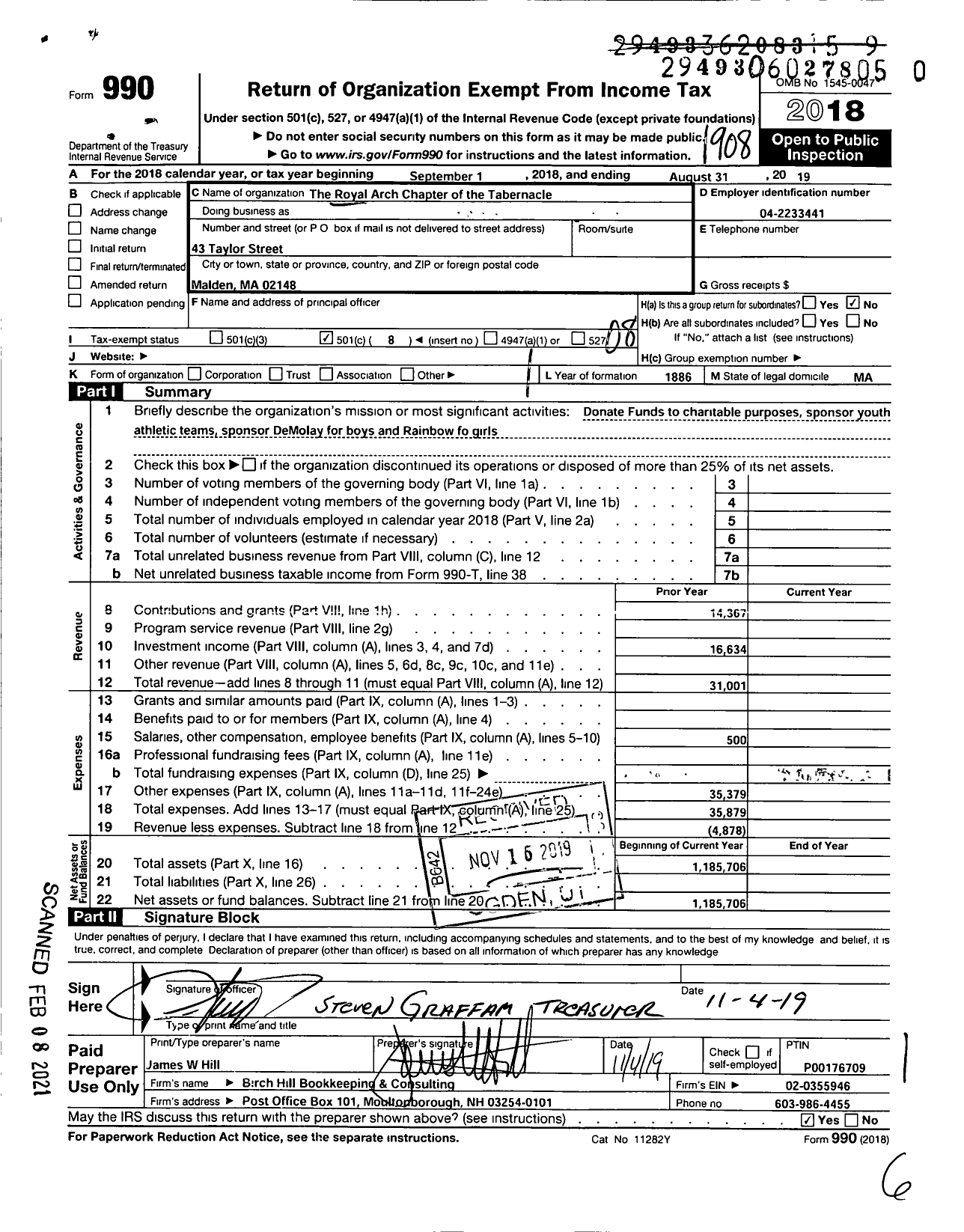 Image of first page of 2018 Form 990O for The Royal Arch Chapter of the Tabernacle