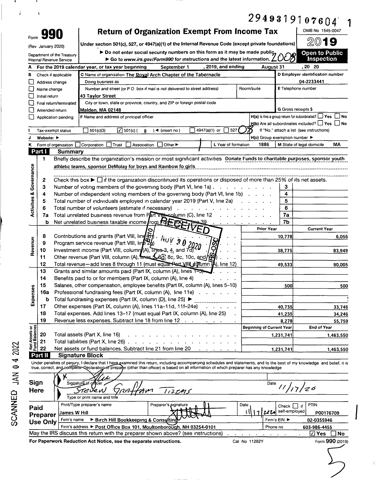 Image of first page of 2019 Form 990O for The Royal Arch Chapter of the Tabernacle