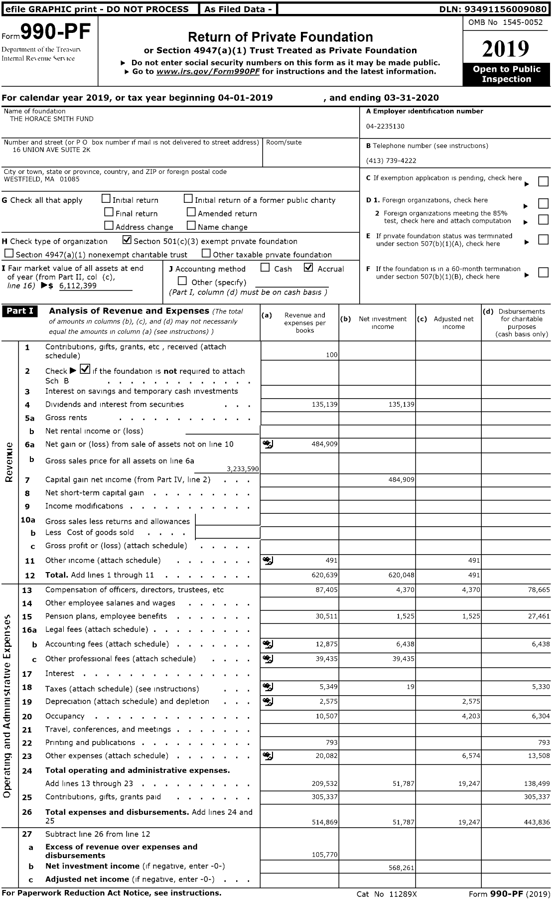 Image of first page of 2019 Form 990PR for The Horace Smith Fund