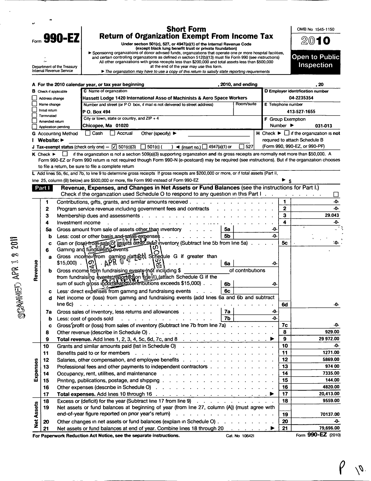 Image of first page of 2010 Form 990EZ for International Association of Machinists and Aerospace Workers - 1420 Hassett Lodge