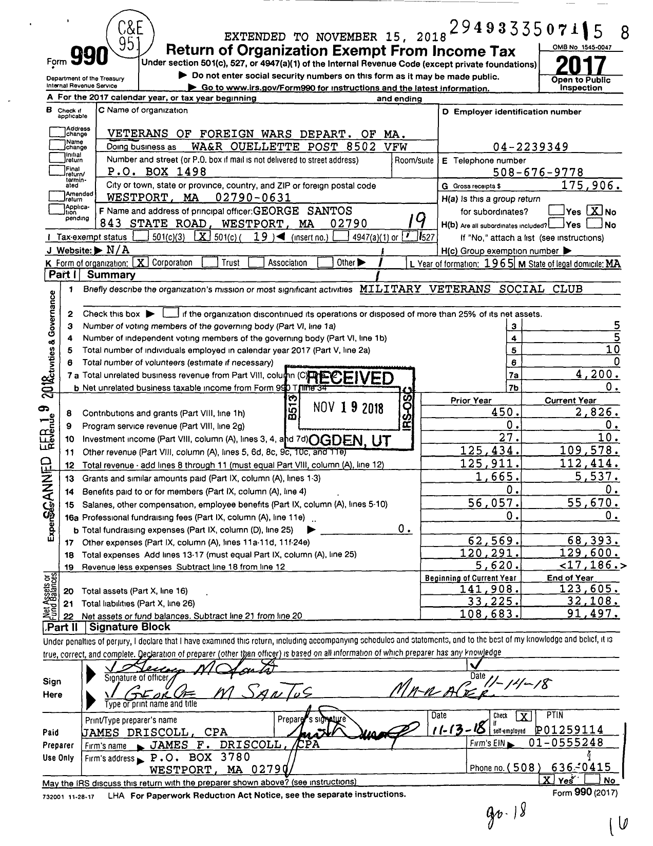 Image of first page of 2017 Form 990O for VFW Department of Massachusetts - WA & R Ouellette Post 8502 VFW