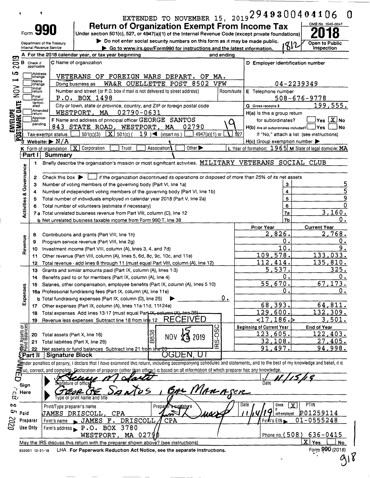 Image of first page of 2018 Form 990O for VFW Department of Massachusetts - WA & R Ouellette Post 8502 VFW