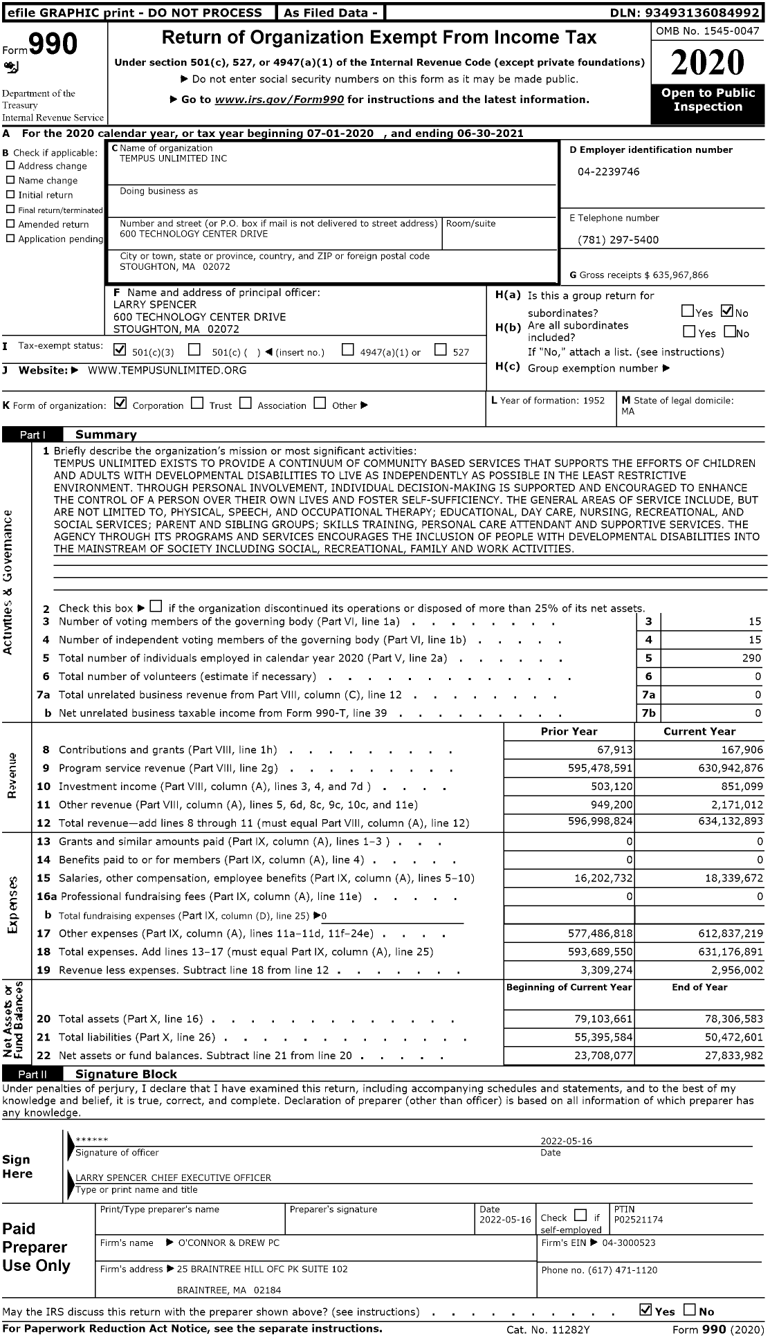 Image of first page of 2020 Form 990 for Tempus Unlimited