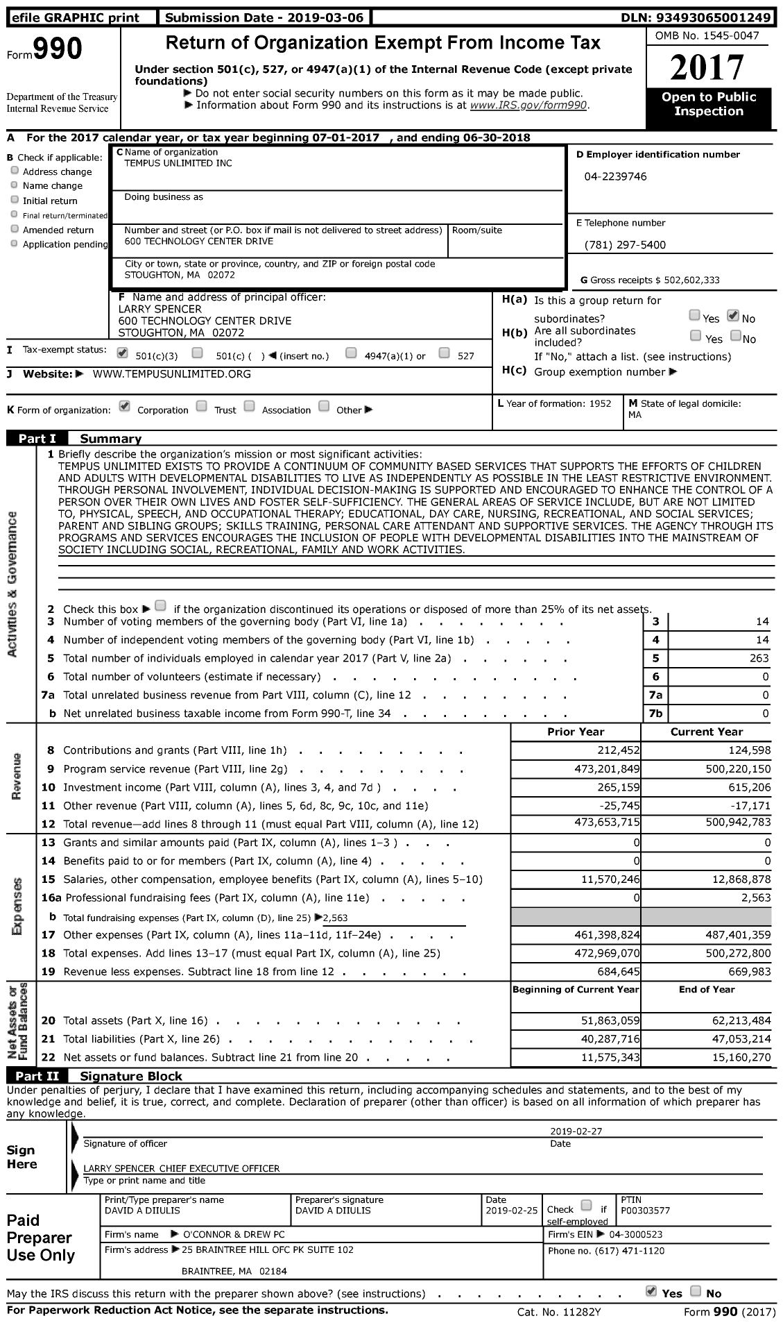Image of first page of 2017 Form 990 for Tempus Unlimited