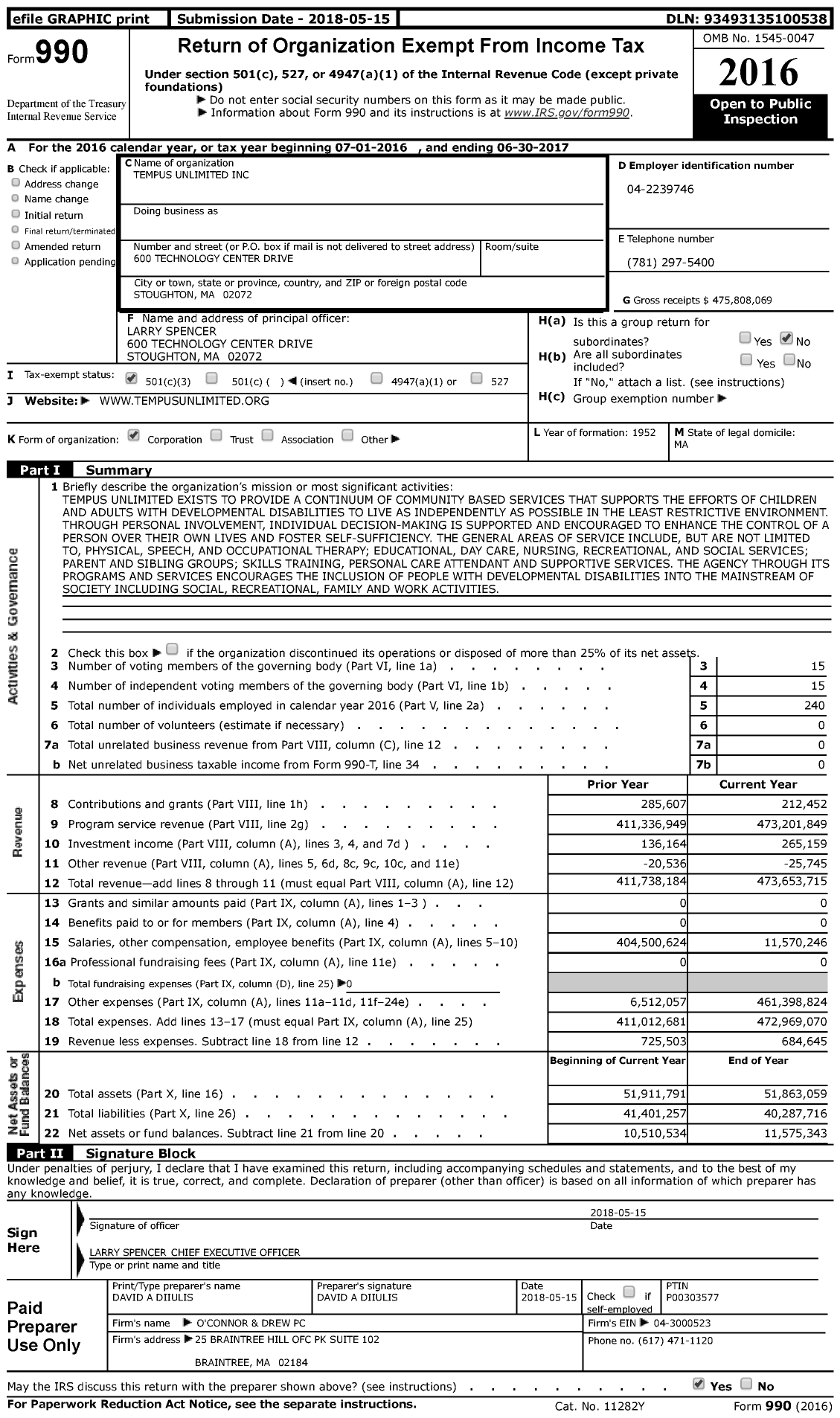 Image of first page of 2016 Form 990 for Tempus Unlimited