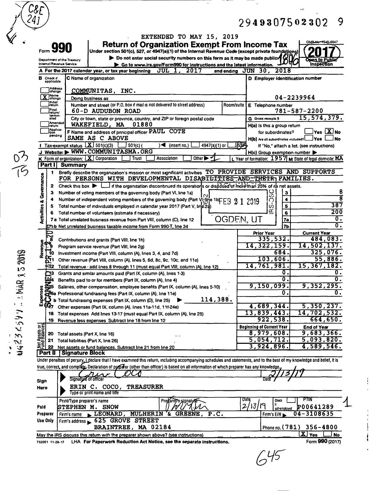 Image of first page of 2017 Form 990 for Communitas (EMARC)
