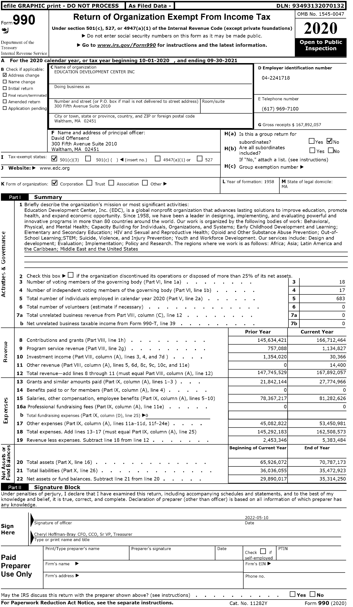 Image of first page of 2020 Form 990 for Education Development Center (EDC)