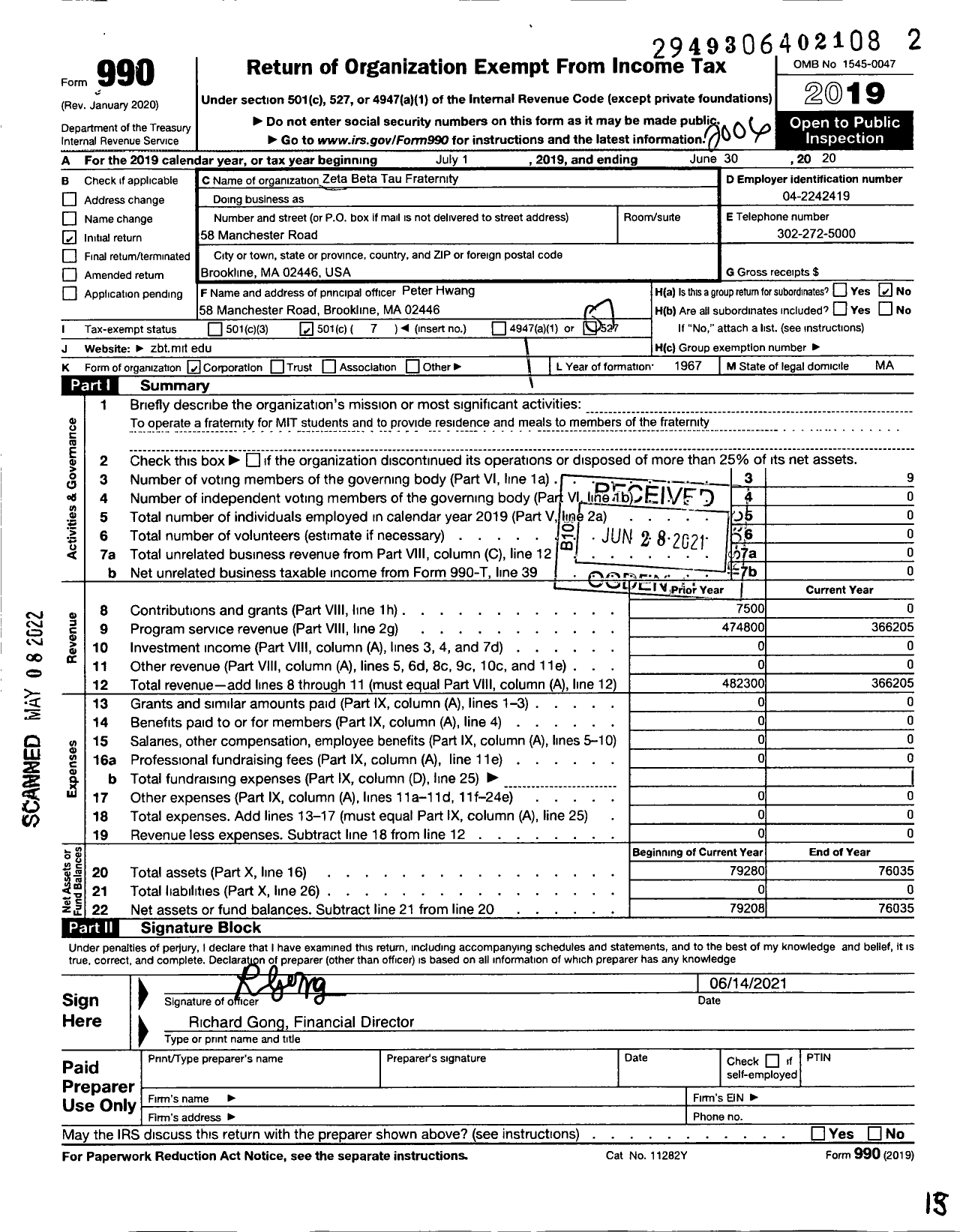 Image of first page of 2019 Form 990O for Zeta Beta Tau Fraternity / Xi Mit-Zbt