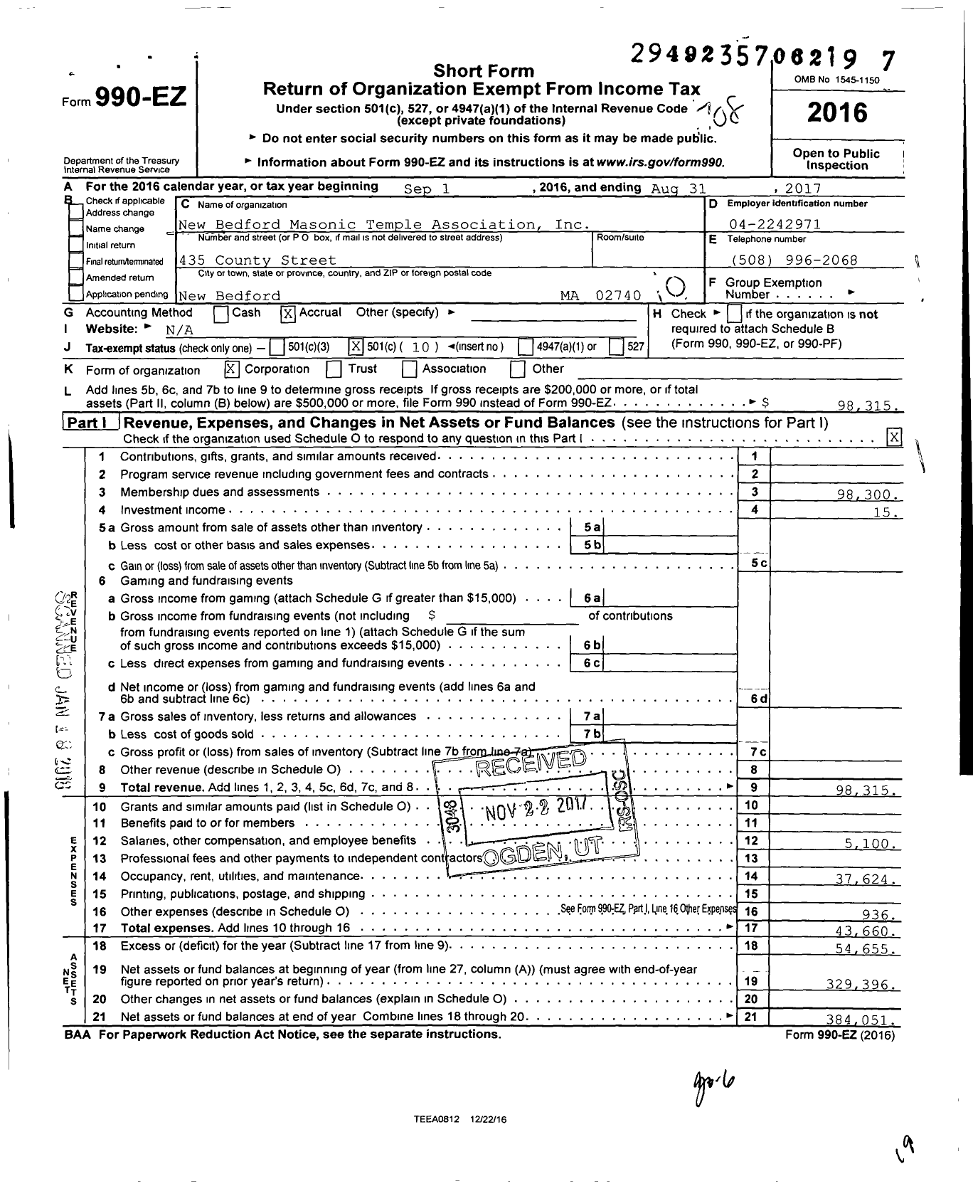 Image of first page of 2016 Form 990EO for Massachusetts Freemasons - New Bedford Masonic Temple Assoc