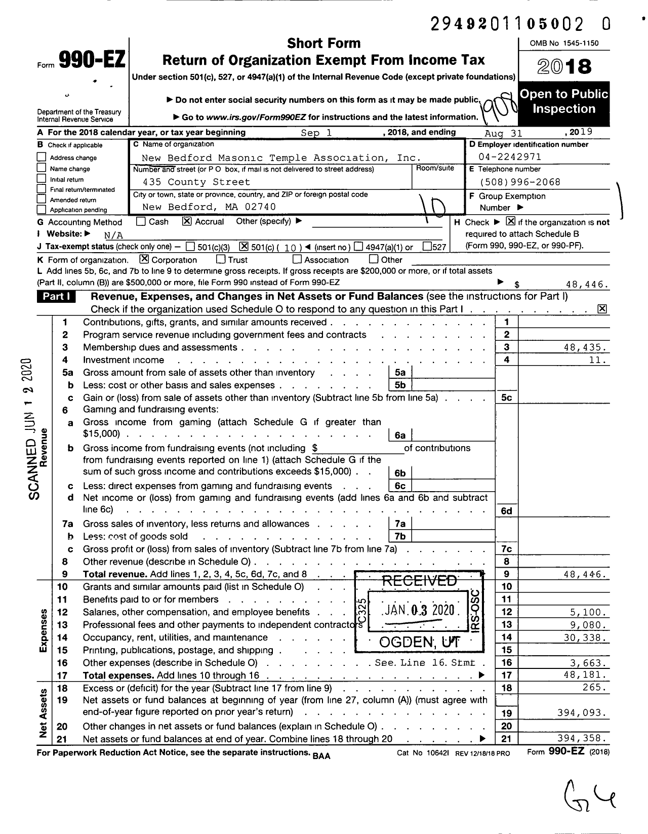 Image of first page of 2018 Form 990EO for Massachusetts Freemasons - New Bedford Masonic Temple Assoc