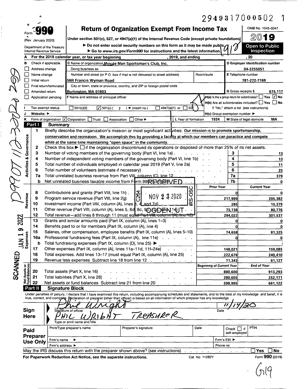 Image of first page of 2019 Form 990O for Minute Man Sportsmans Club