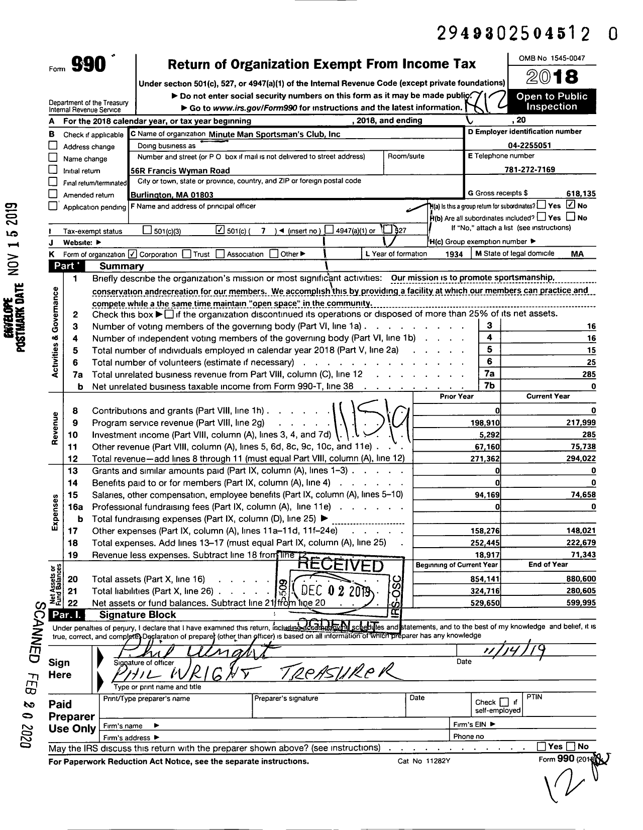 Image of first page of 2018 Form 990O for Minute Man Sportsmans Club