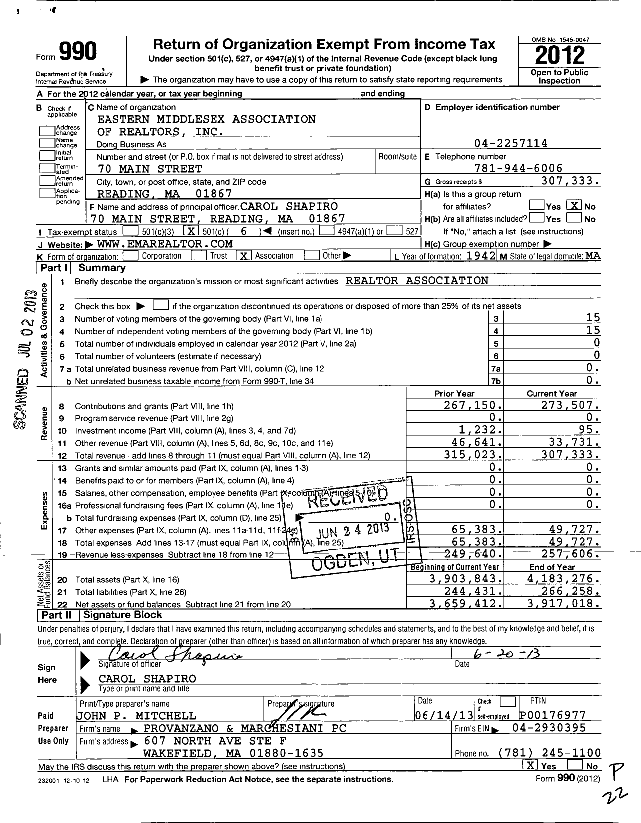 Image of first page of 2012 Form 990O for Eastern Middlesex Association of Realtors