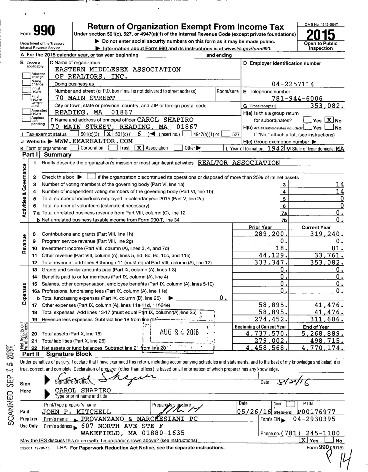 Image of first page of 2015 Form 990O for Eastern Middlesex Association of Realtors