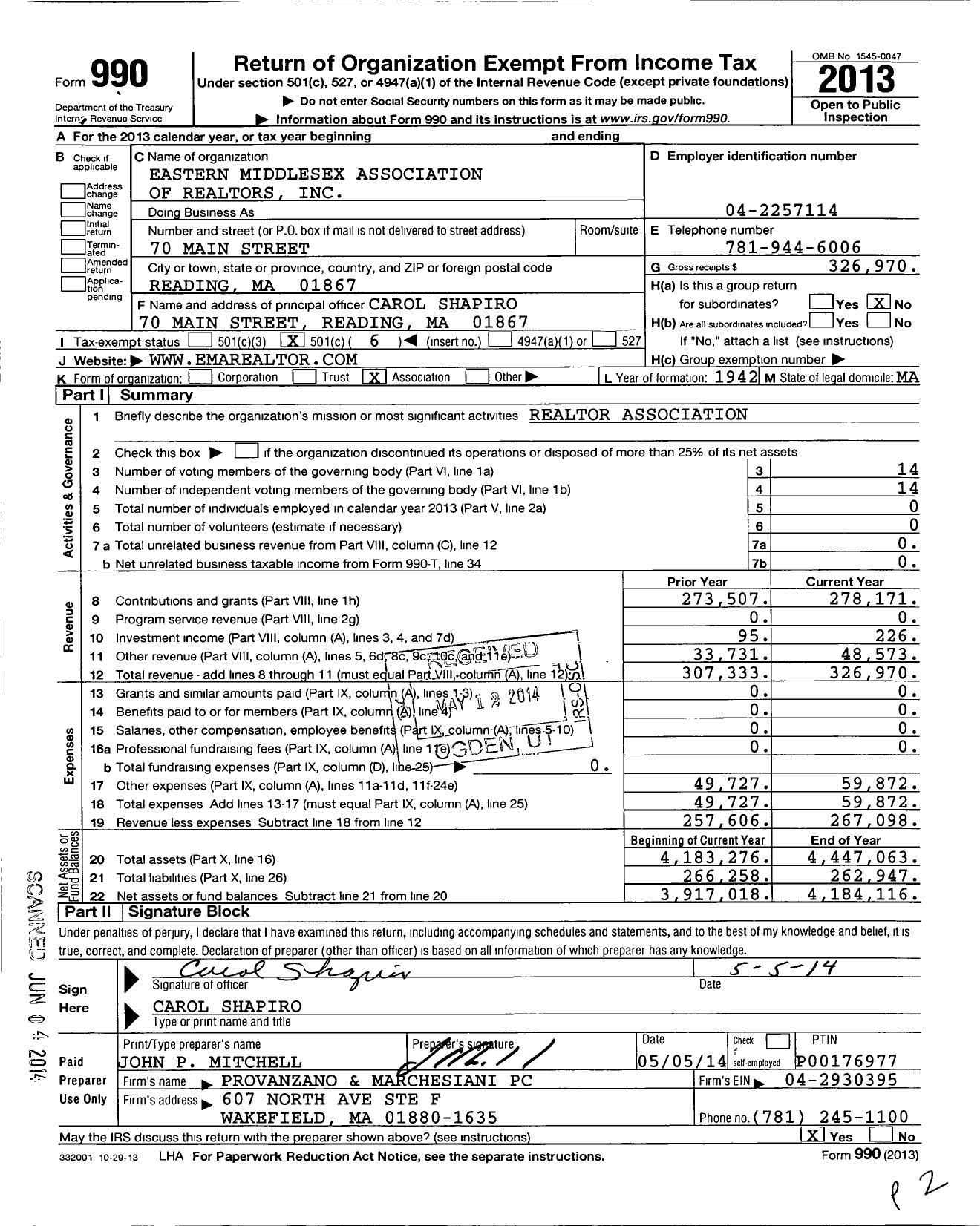 Image of first page of 2013 Form 990O for Eastern Middlesex Association of Realtors