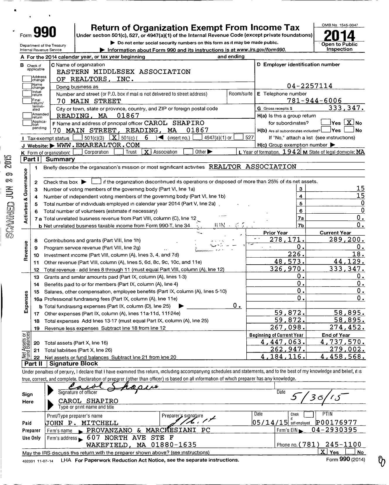 Image of first page of 2014 Form 990O for Eastern Middlesex Association of Realtors