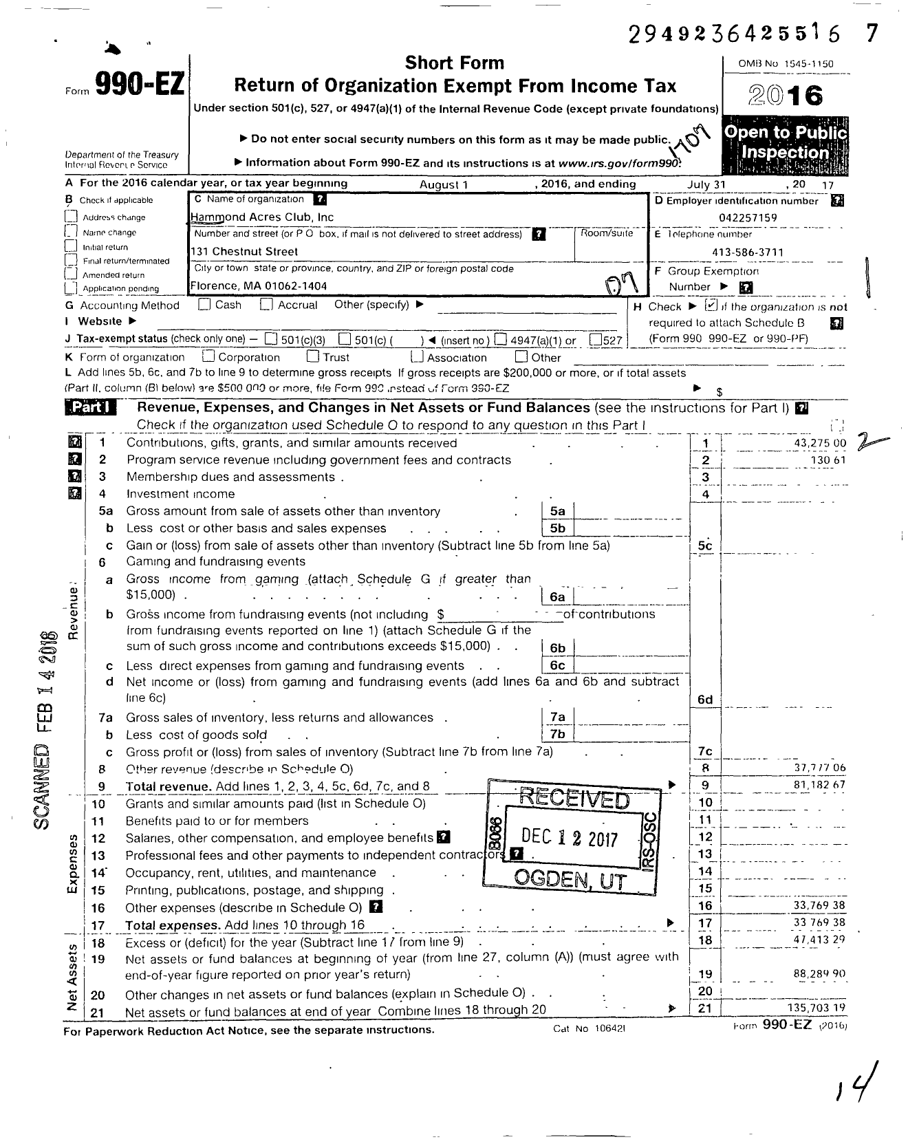 Image of first page of 2016 Form 990EO for Hammond Acres Club