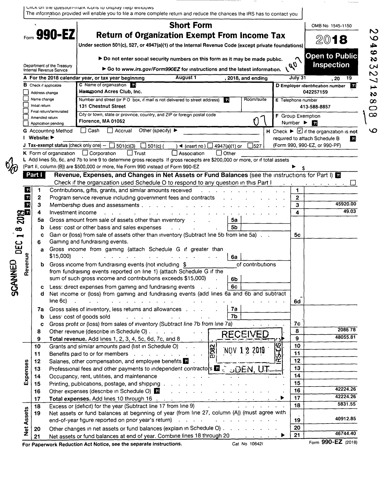 Image of first page of 2018 Form 990EO for Hammond Acres Club