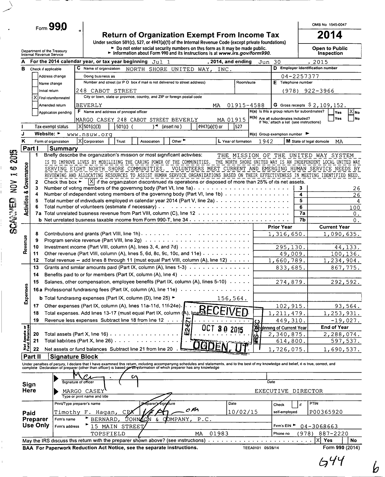 Image of first page of 2014 Form 990 for North Shore United Way