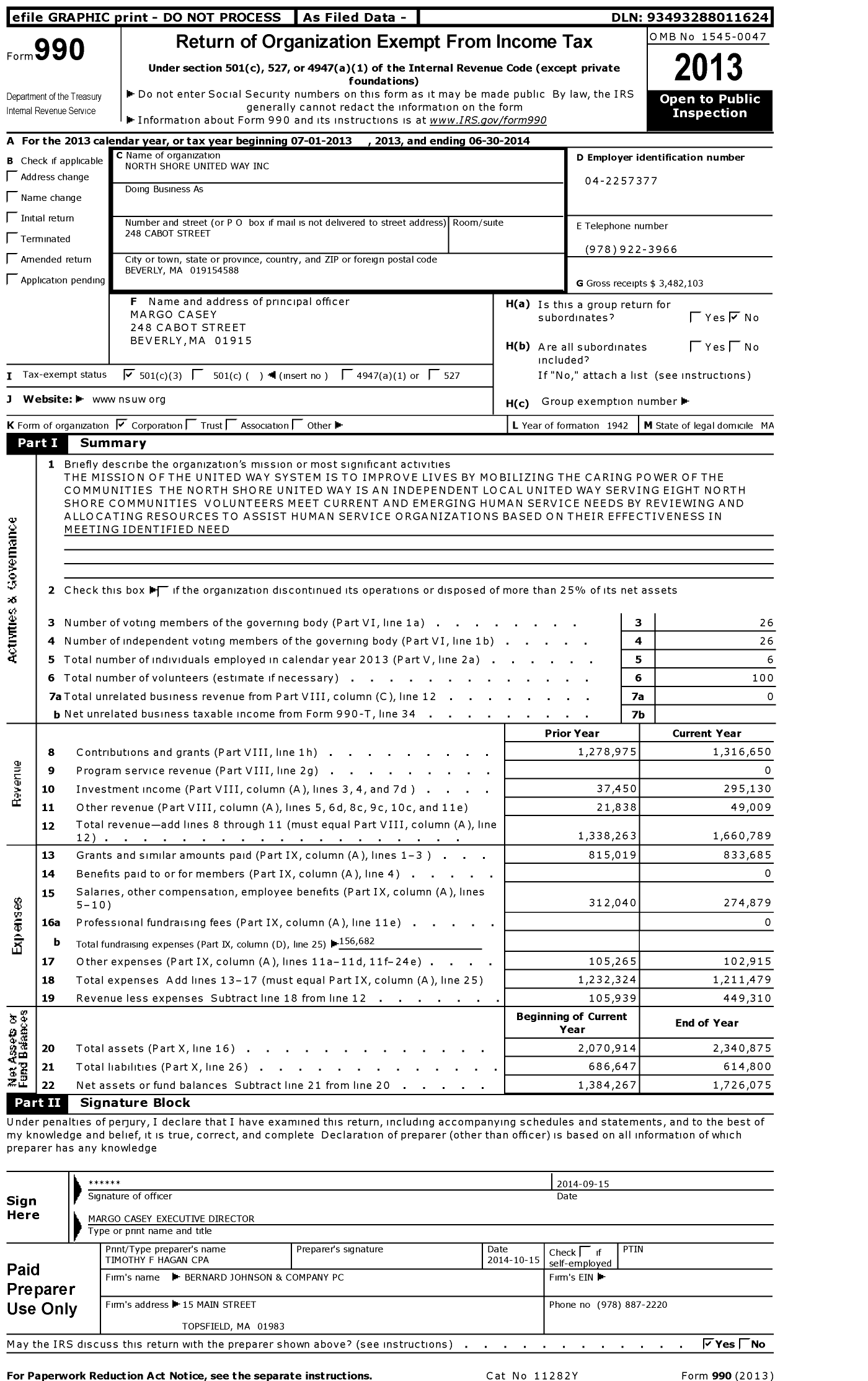 Image of first page of 2013 Form 990 for North Shore United Way