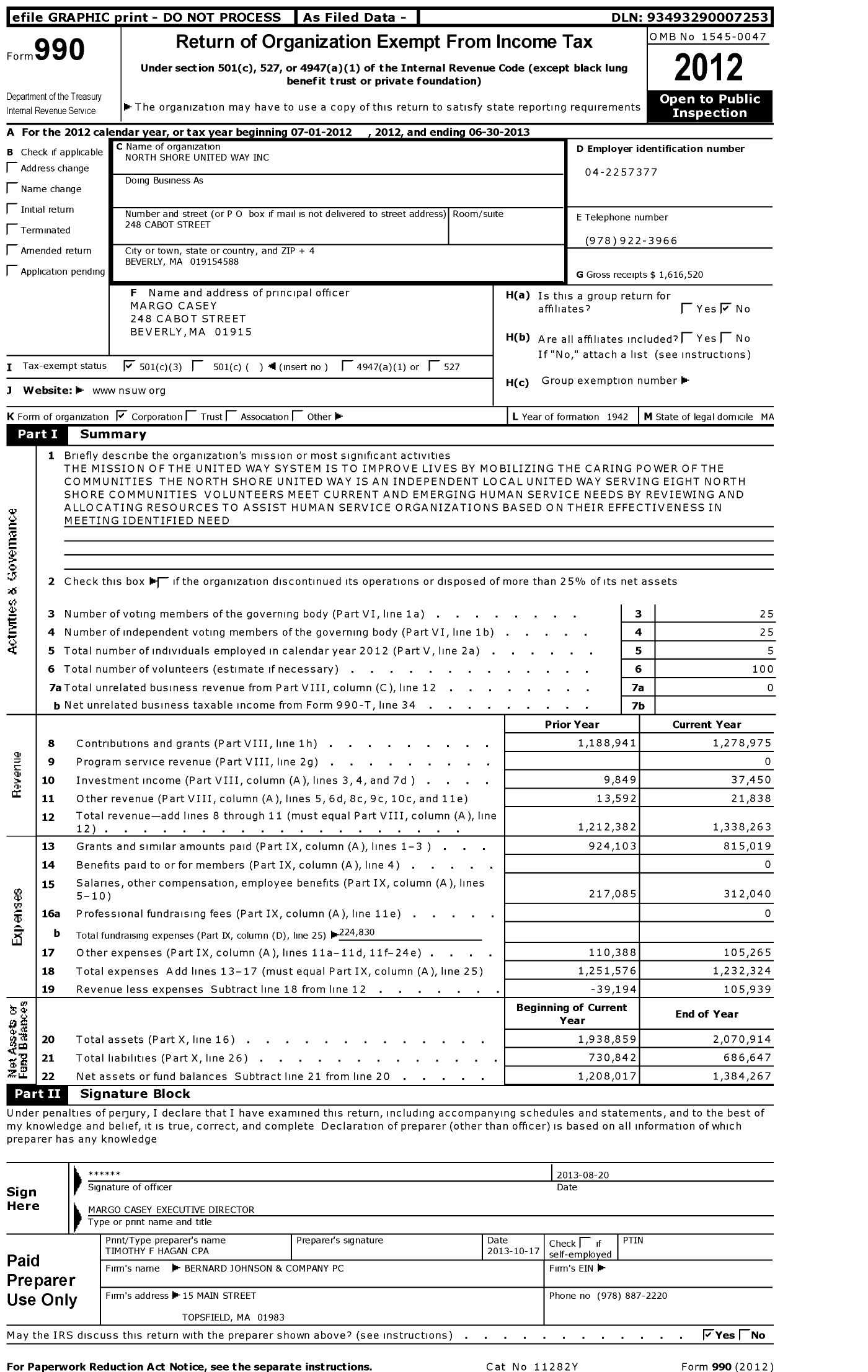 Image of first page of 2012 Form 990 for North Shore United Way