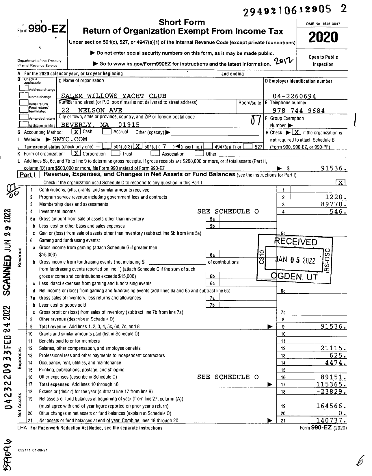 Image of first page of 2020 Form 990EO for Salem Willows Yacht Club