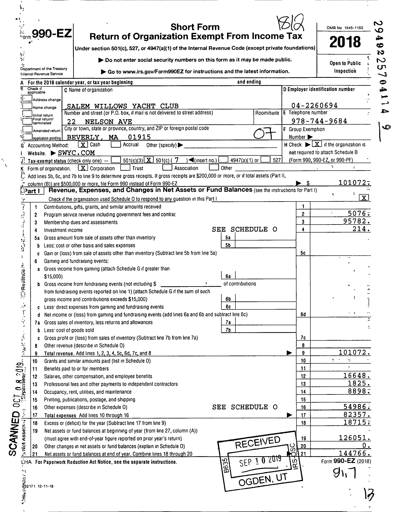 Image of first page of 2018 Form 990EO for Salem Willows Yacht Club