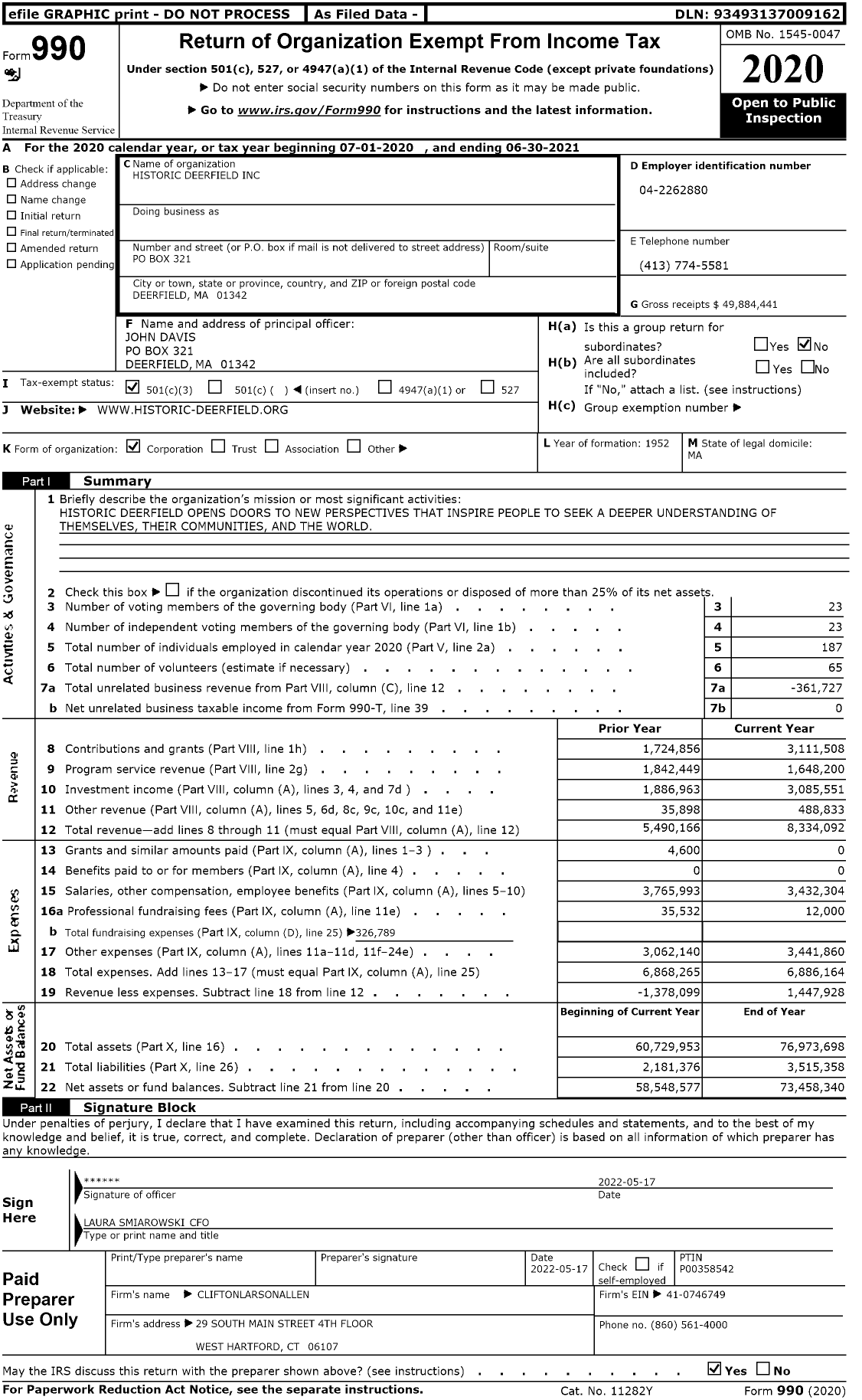 Image of first page of 2020 Form 990 for Historic Deerfield