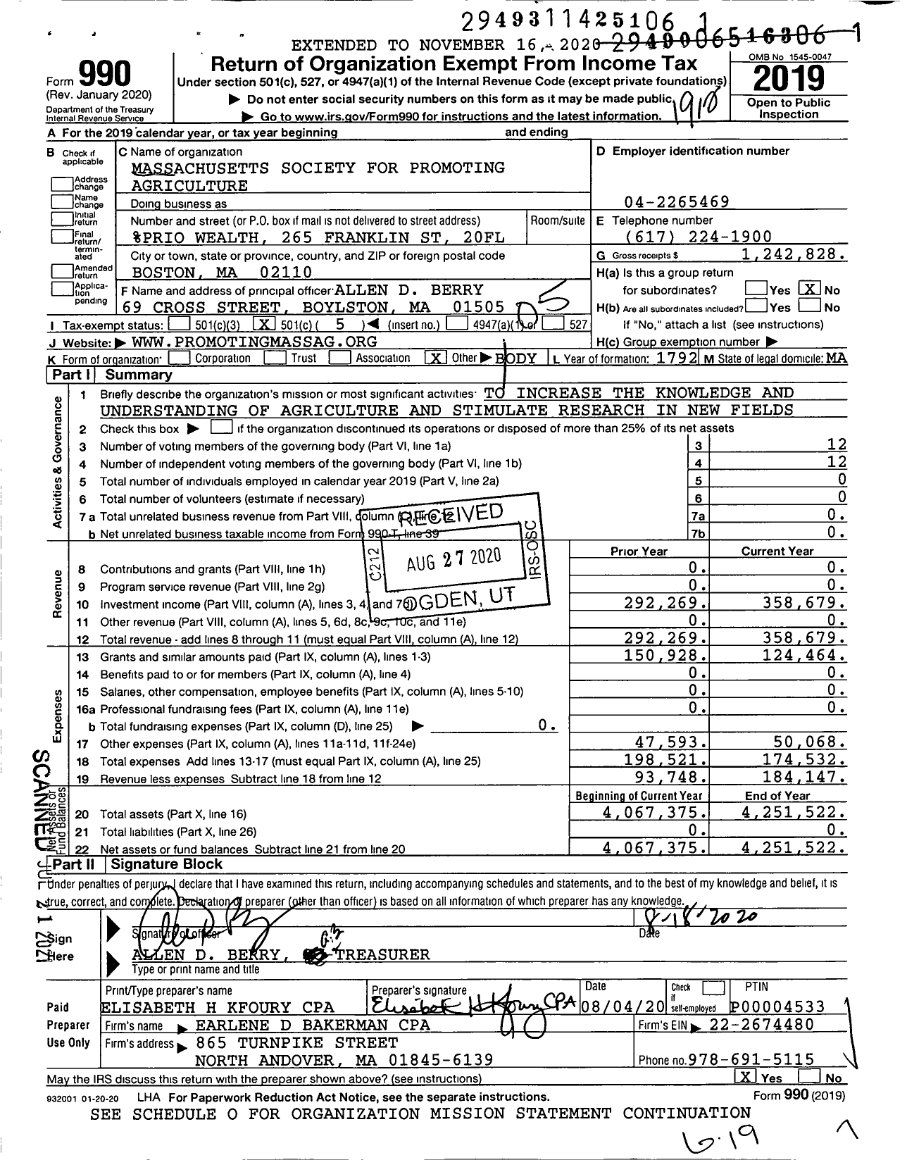 Image of first page of 2019 Form 990O for Massachusetts Society for Promoting Agriculture