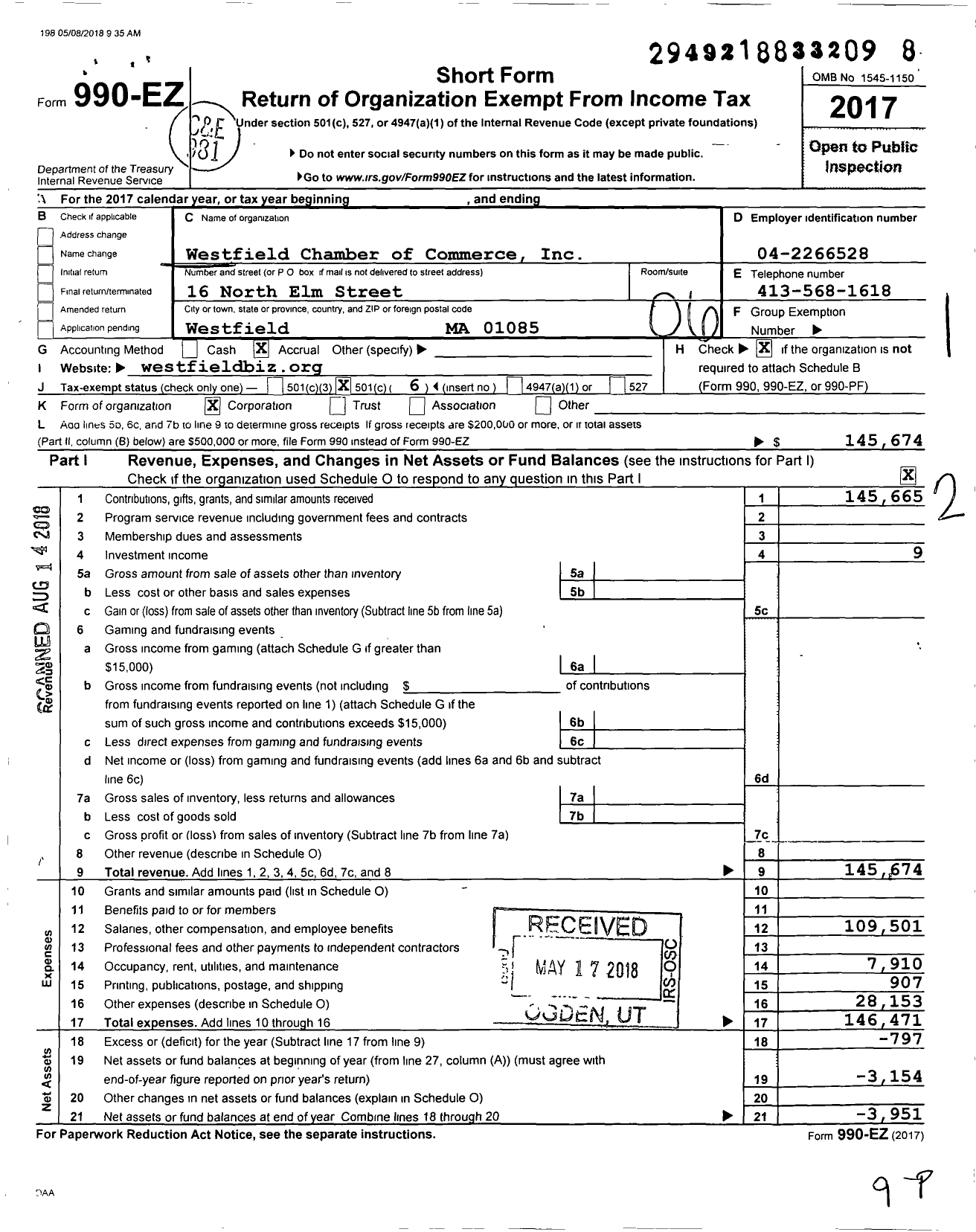 Image of first page of 2017 Form 990EO for Westfield Chamber of Commerce