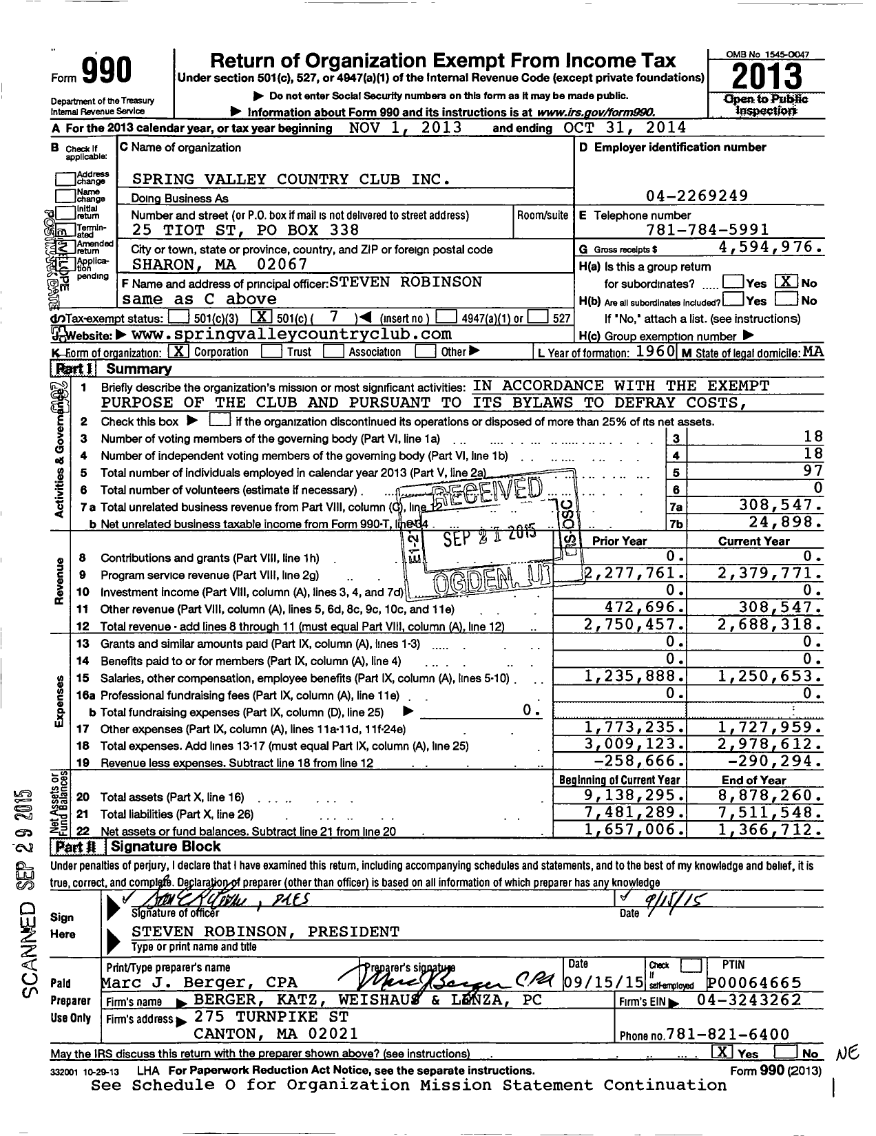 Image of first page of 2013 Form 990O for Spring Valley Country Club
